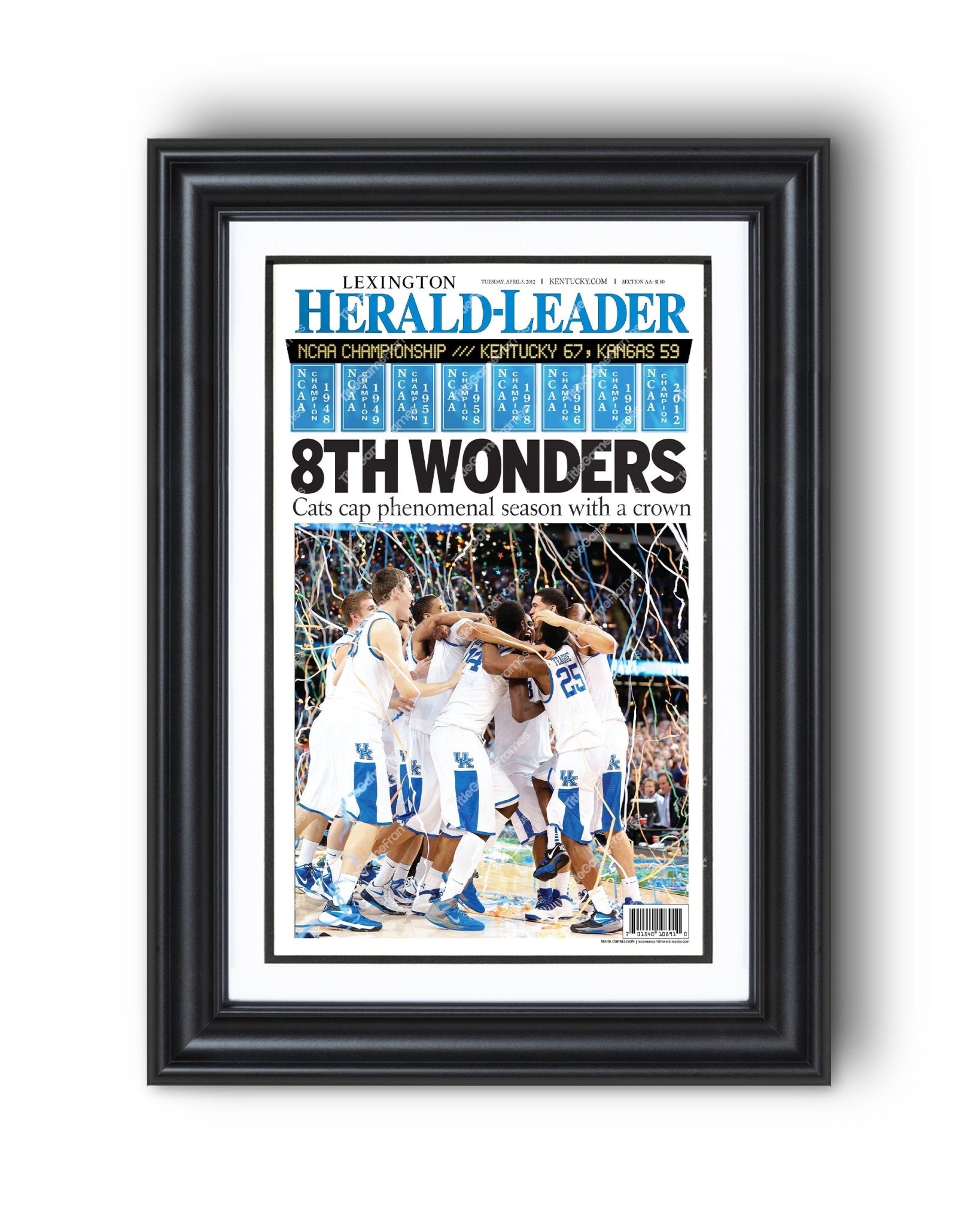2012 Kentucky Wildcats "8th Wonder" NCAA College Basketball Champions Framed Front Page Newspaper Print - Title Game Frames