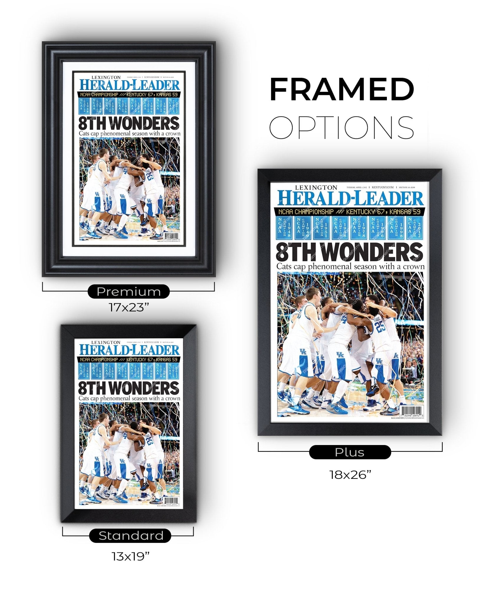 2012 Kentucky Wildcats "8th Wonder" NCAA College Basketball Champions Framed Front Page Newspaper Print - Title Game Frames