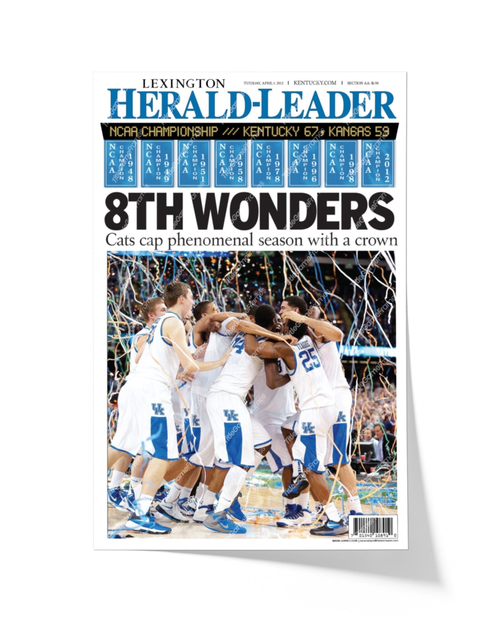 2012 Kentucky Wildcats "8th Wonder" NCAA College Basketball Champions Framed Front Page Newspaper Print - Title Game Frames