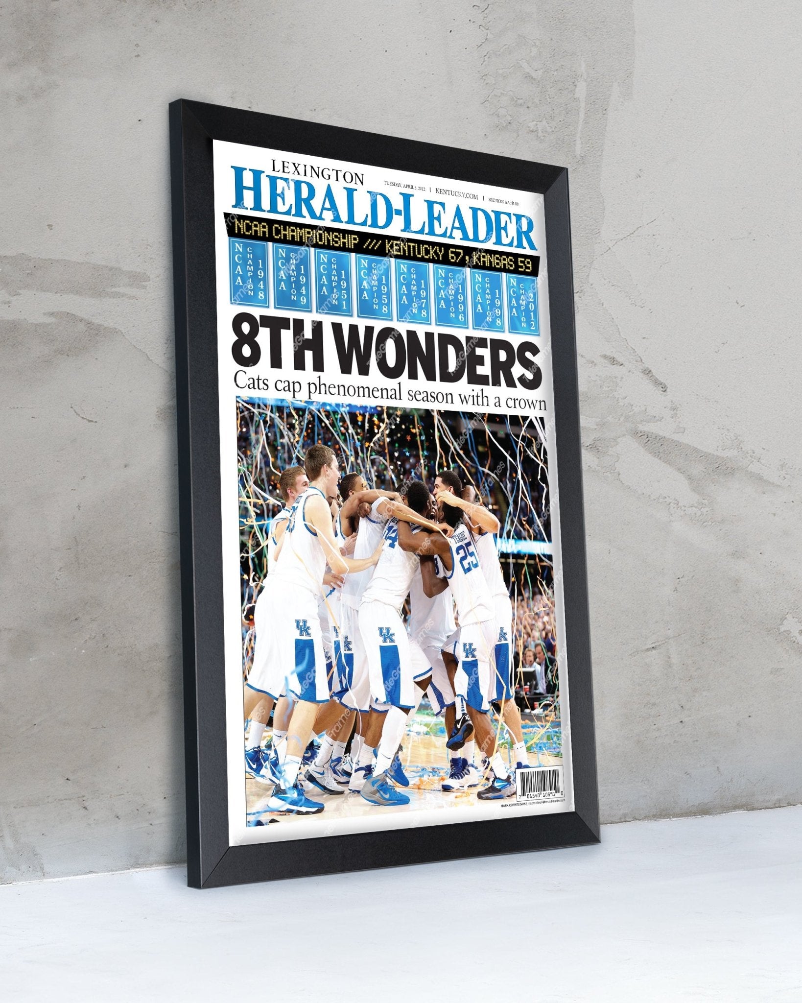2012 Kentucky Wildcats "8th Wonder" NCAA College Basketball Champions Framed Front Page Newspaper Print - Title Game Frames