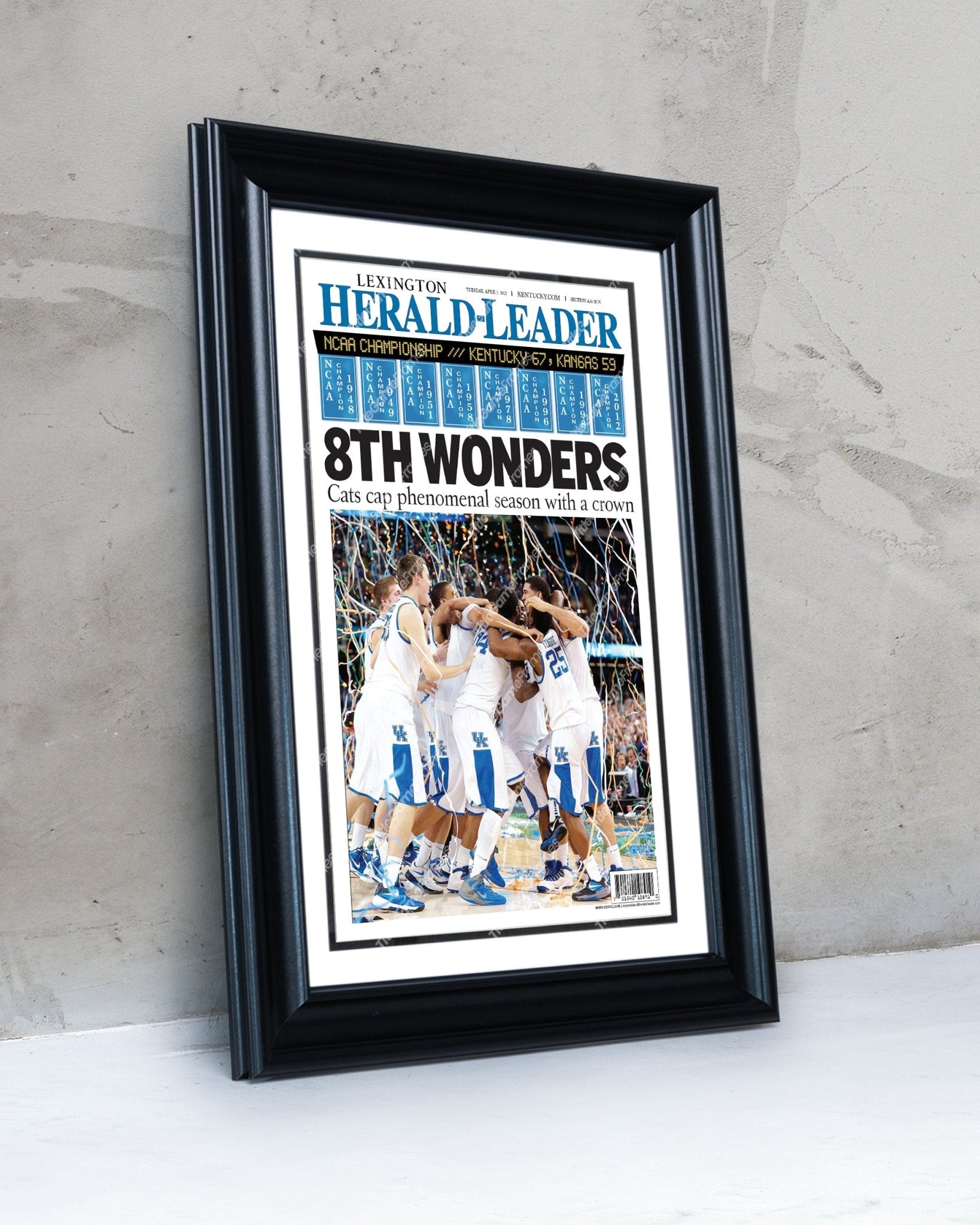 2012 Kentucky Wildcats "8th Wonder" NCAA College Basketball Champions Framed Front Page Newspaper Print - Title Game Frames