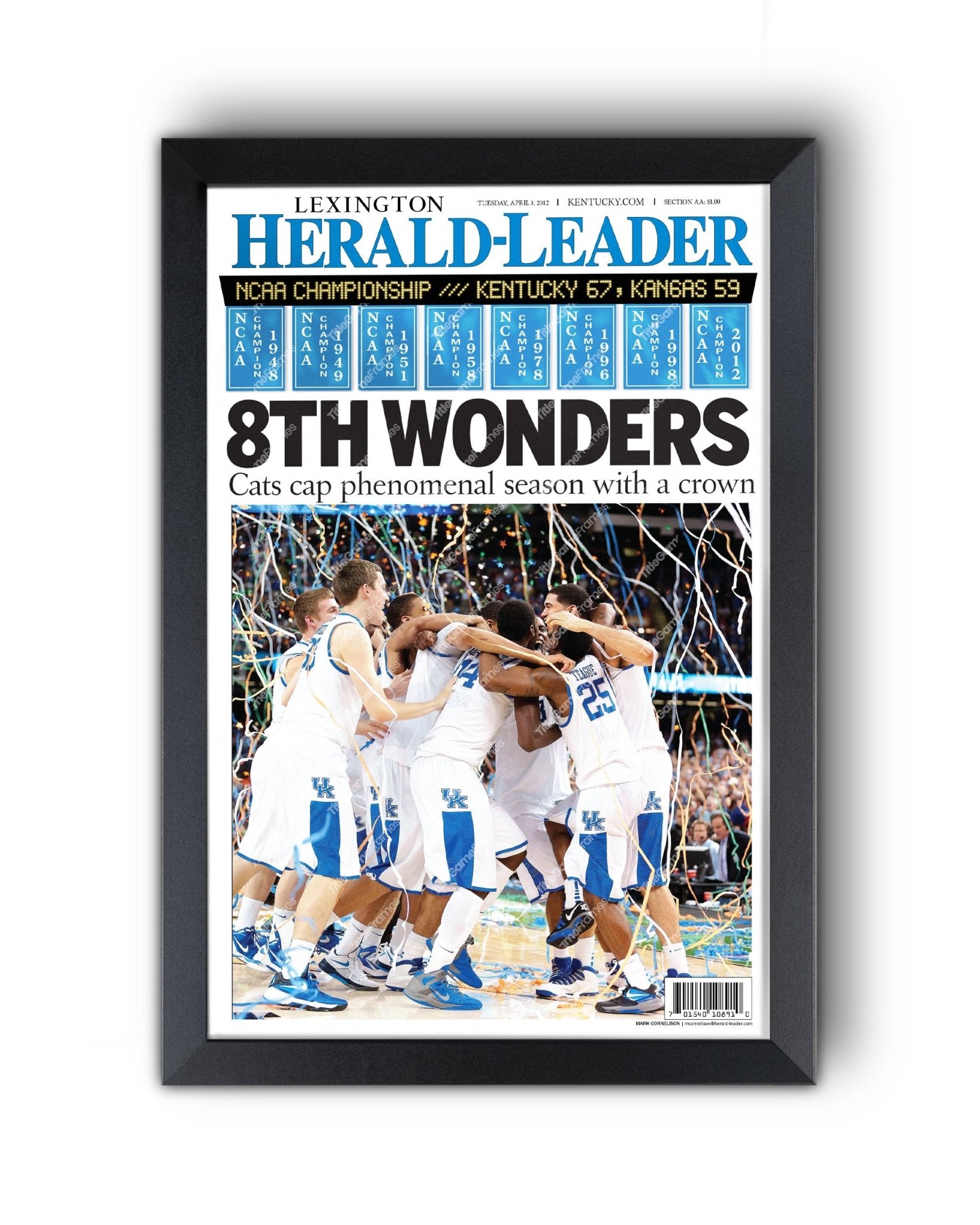 2012 Kentucky Wildcats "8th Wonder" NCAA College Basketball Champions Framed Front Page Newspaper Print - Title Game Frames