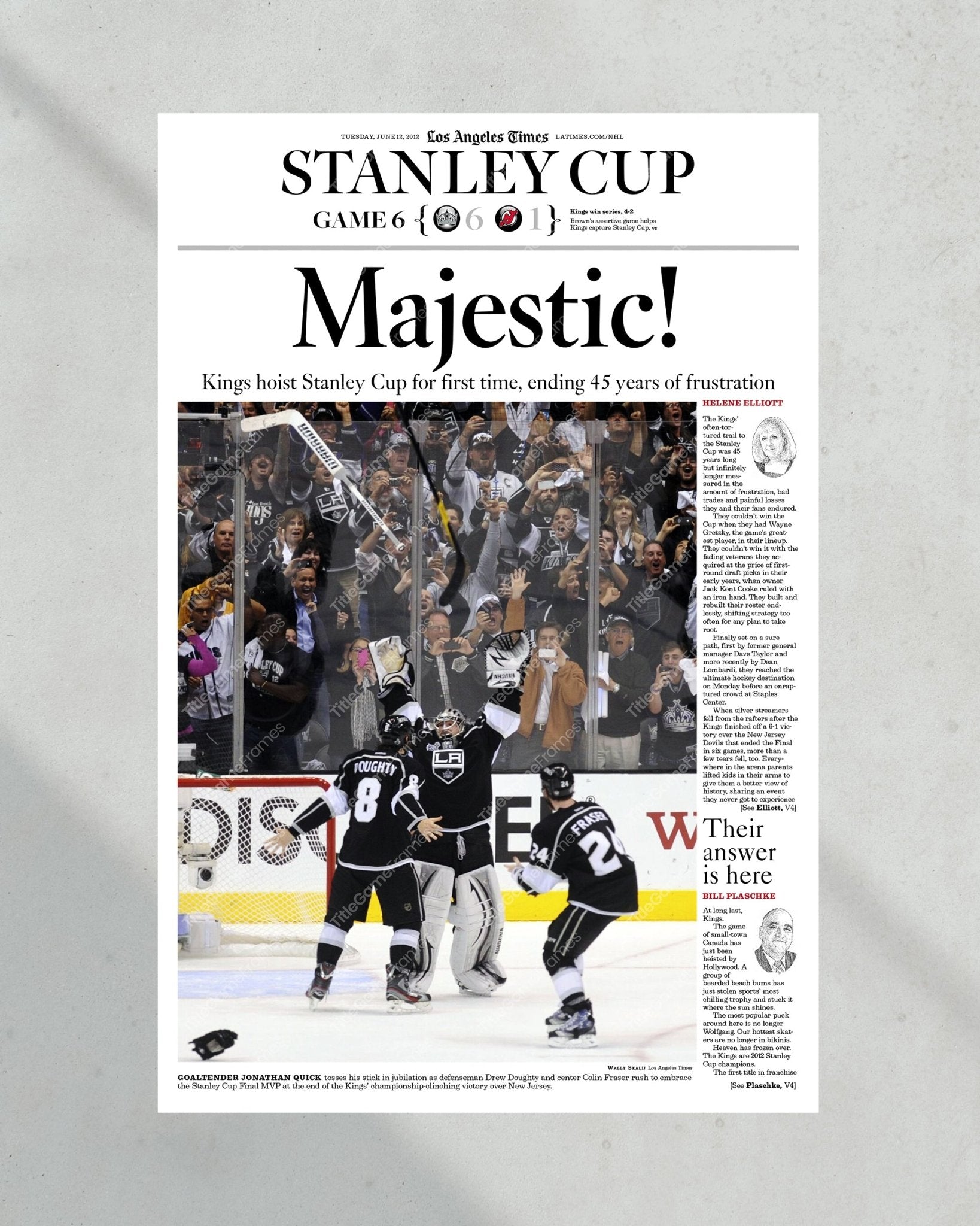 2012 Los Angeles Kings Stanley Cup Champions Framed Newspaper Front Page Print - TitleGameFrames.com