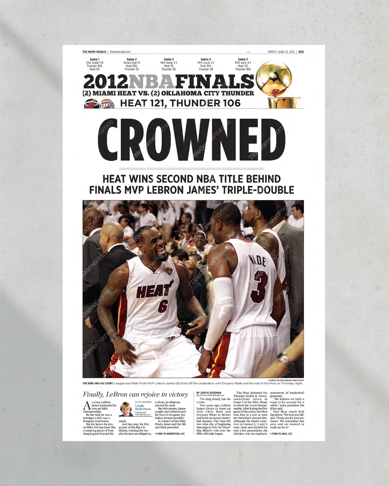 2012 Miami Heat NBA Champion Framed Front Page Newspaper Print ...