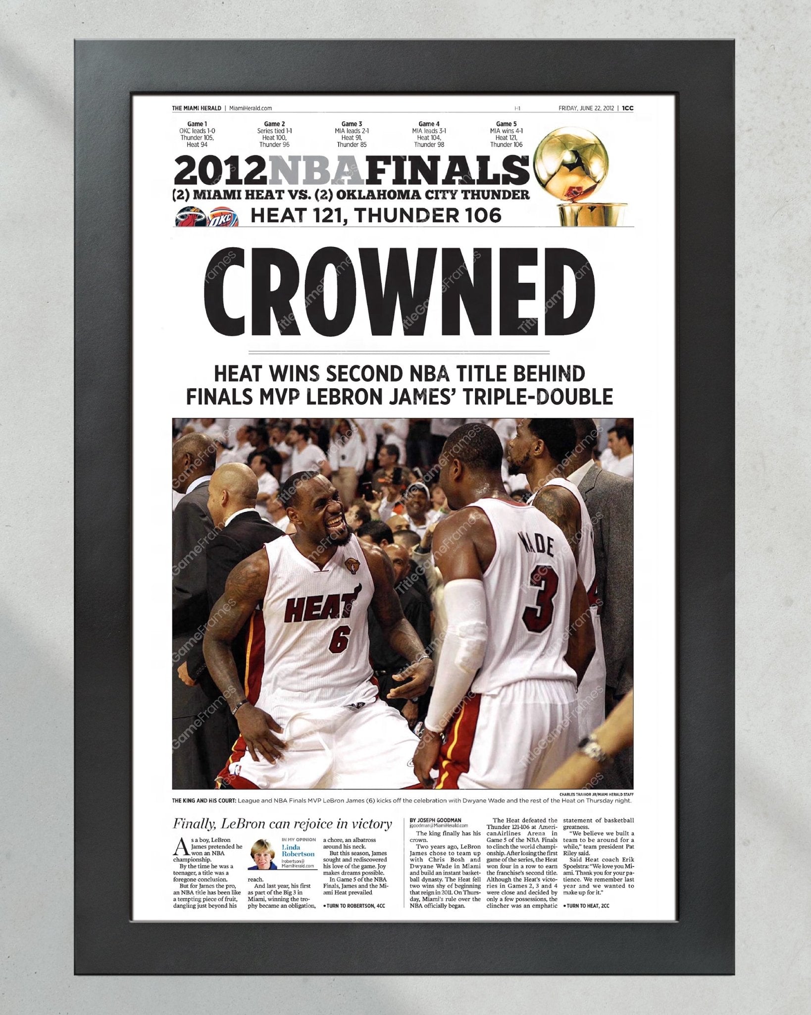 2012 Miami Heat NBA Champion Framed Front Page Newspaper Print - TitleGameFrames.com