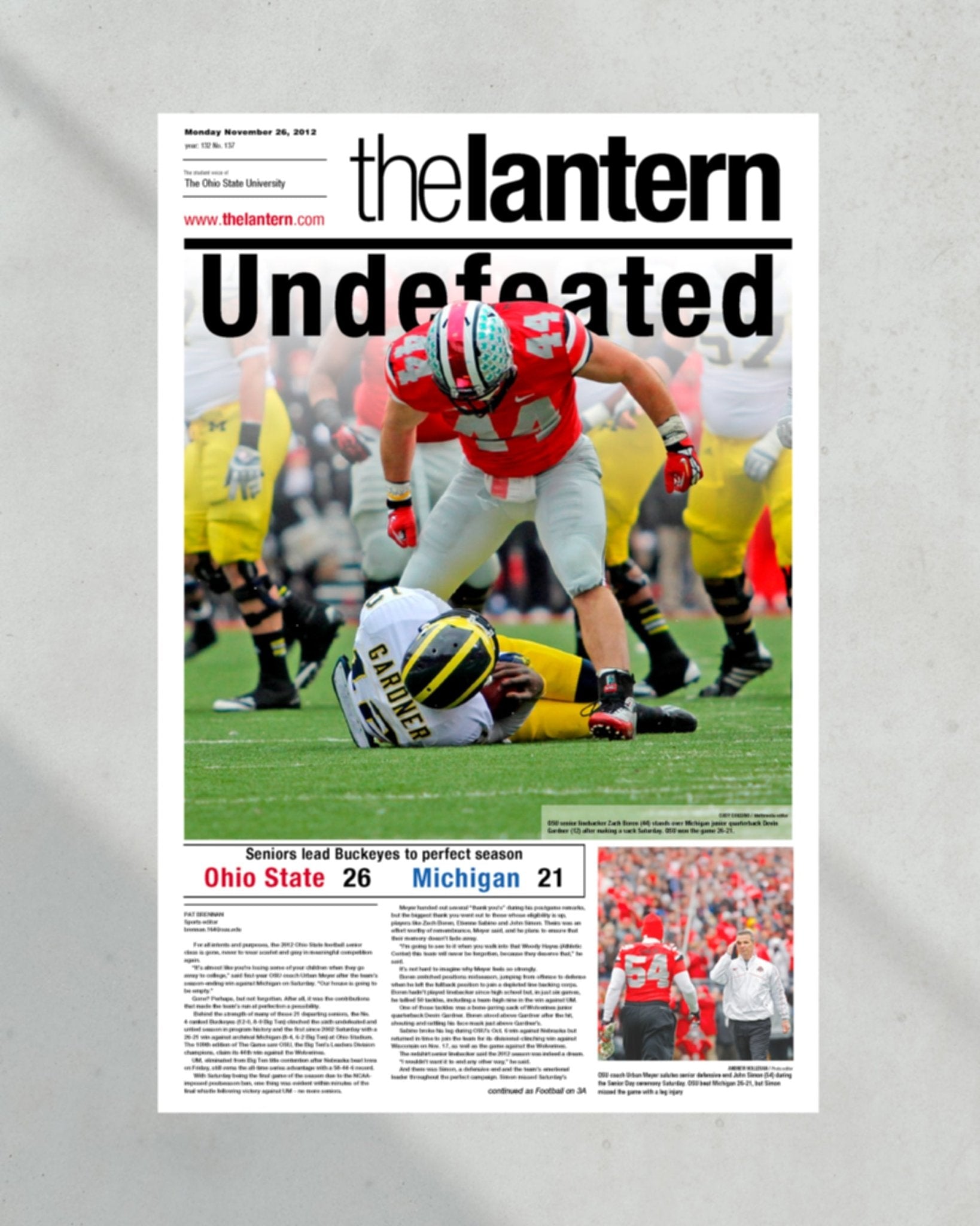 2012 Ohio State Buckeyes "Undefeated Season" The Lantern Commemorative Newspaper - TitleGameFrames.com