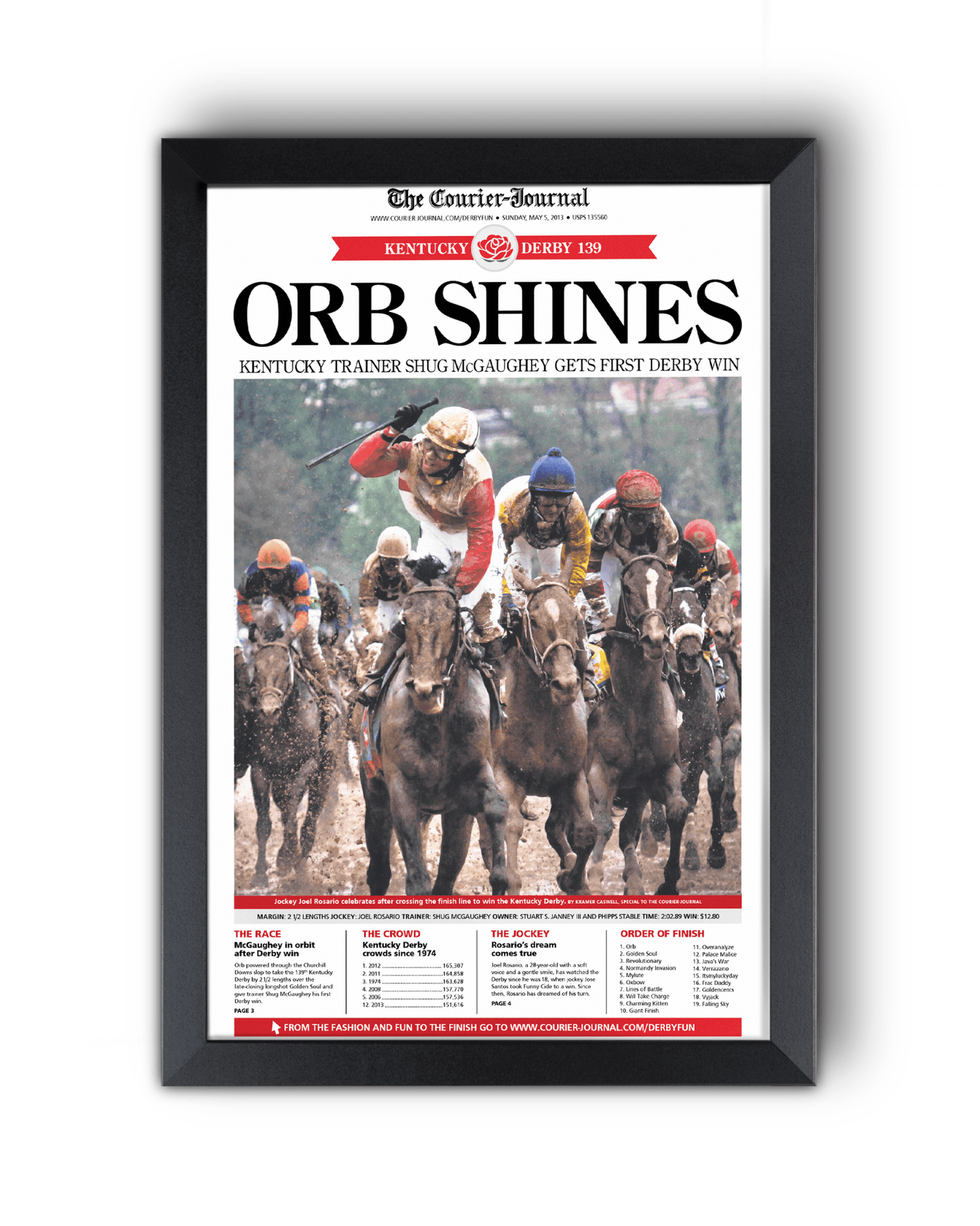 2013 Kentucky Derby “ORB SHINES” First Win Framed Front Page Newspaper - TitleGameFrames.com