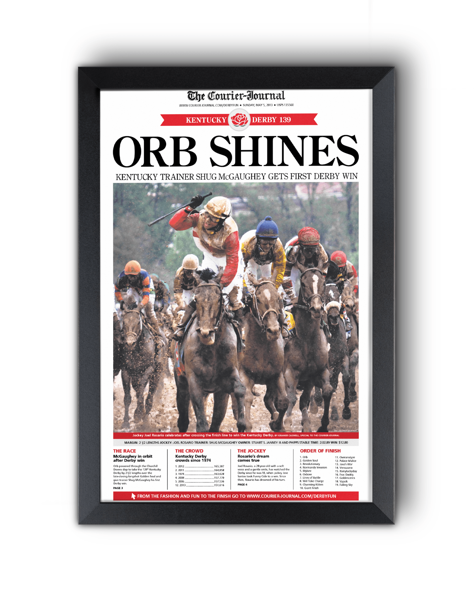2013 Kentucky Derby “ORB SHINES” First Win Framed Front Page Newspaper - TitleGameFrames.com
