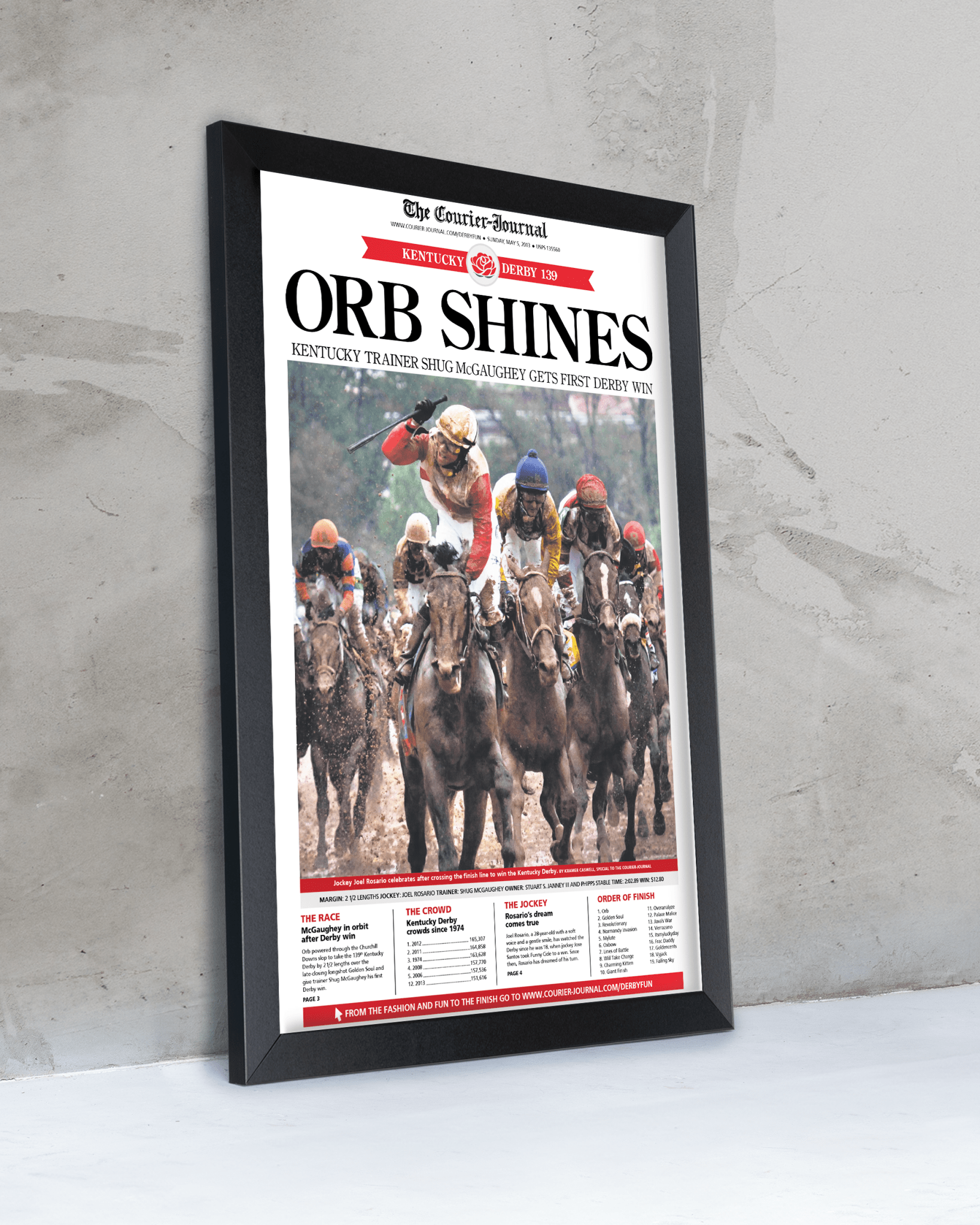 2013 Kentucky Derby “ORB SHINES” First Win Framed Front Page Newspaper - TitleGameFrames.com