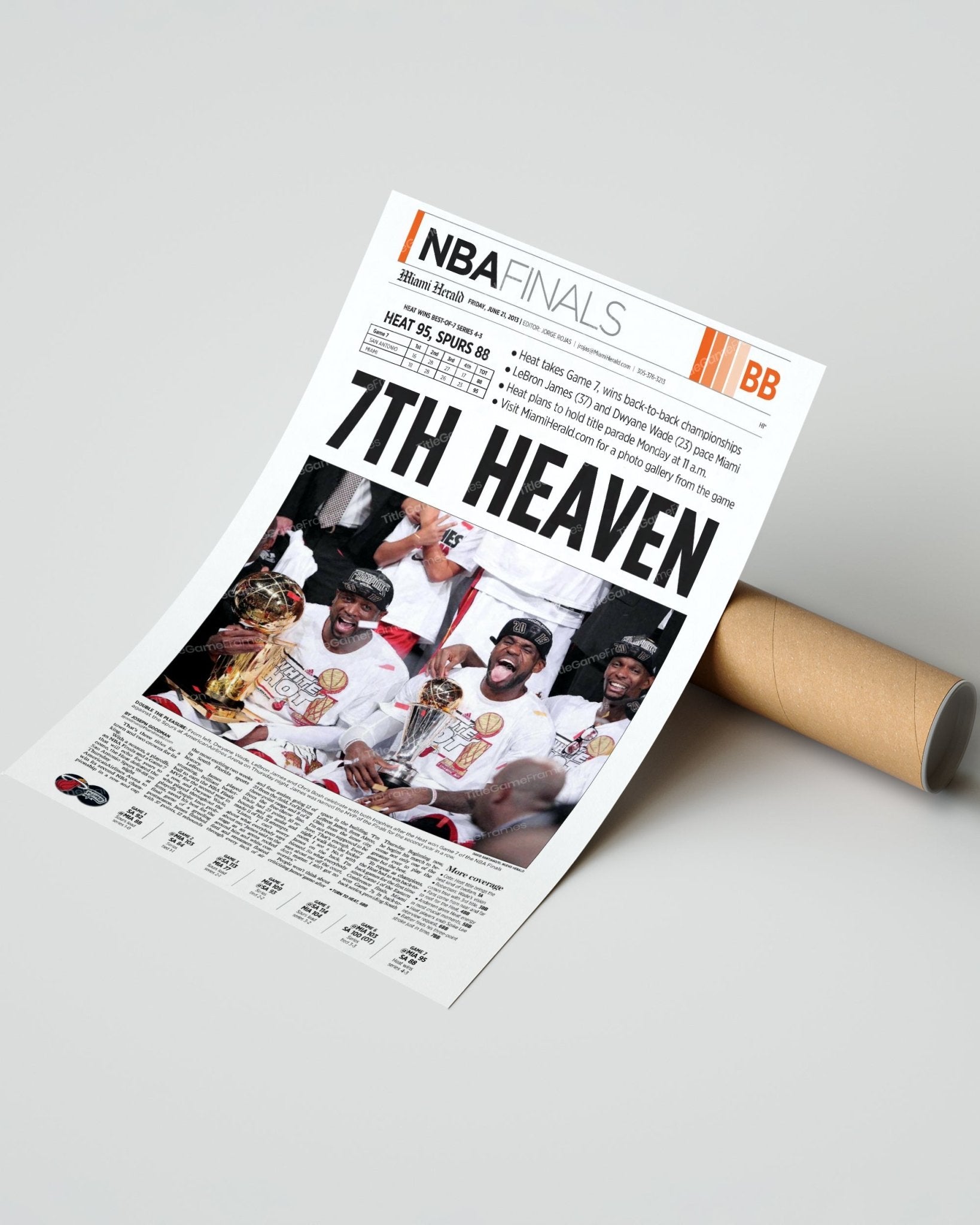 2013 Miami Heat “7th Heaven” NBA Champions Framed Newspaper Front Page Print - TitleGameFrames.com