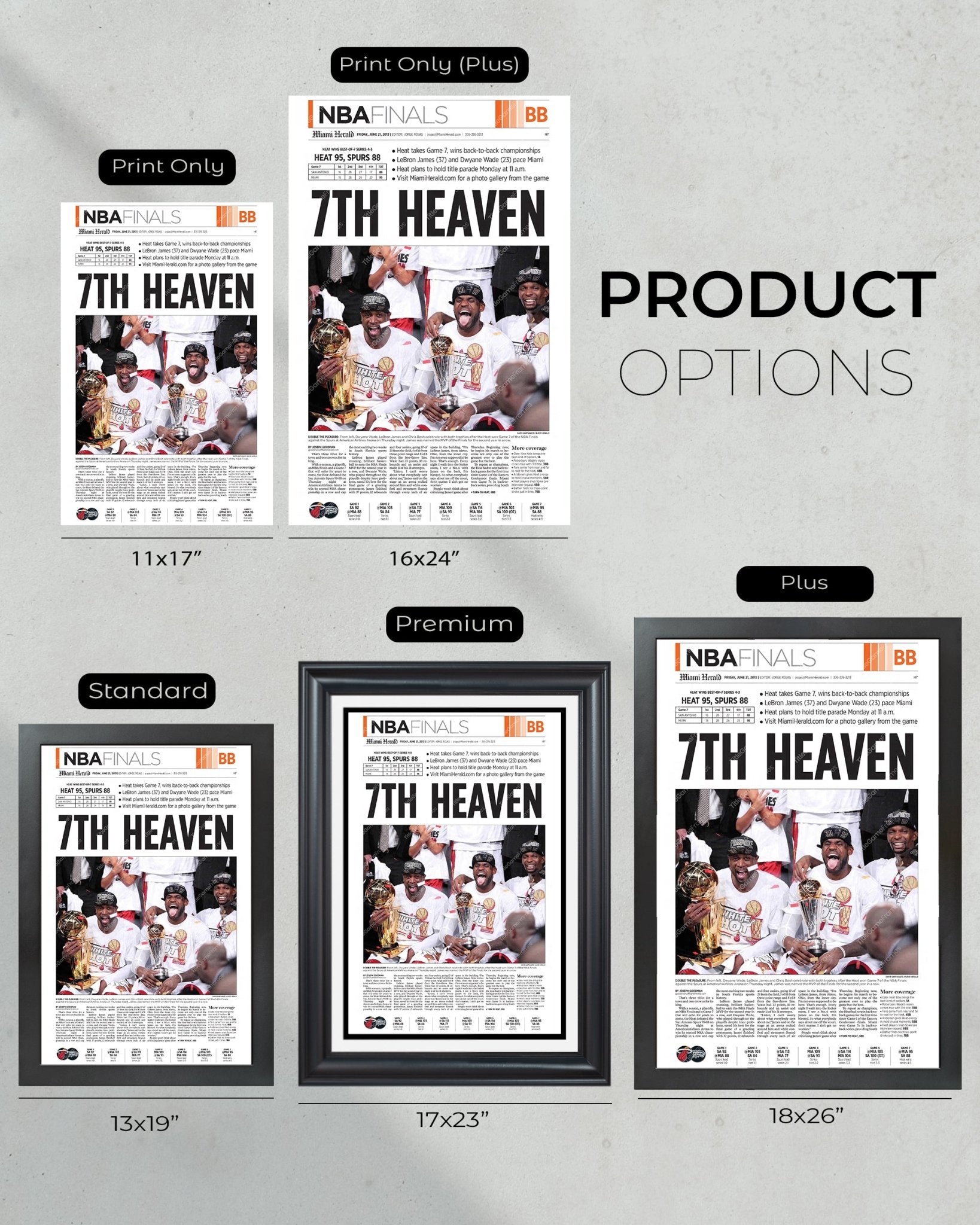 2013 Miami Heat “7th Heaven” NBA Champions Framed Newspaper Front Page Print - TitleGameFrames.com