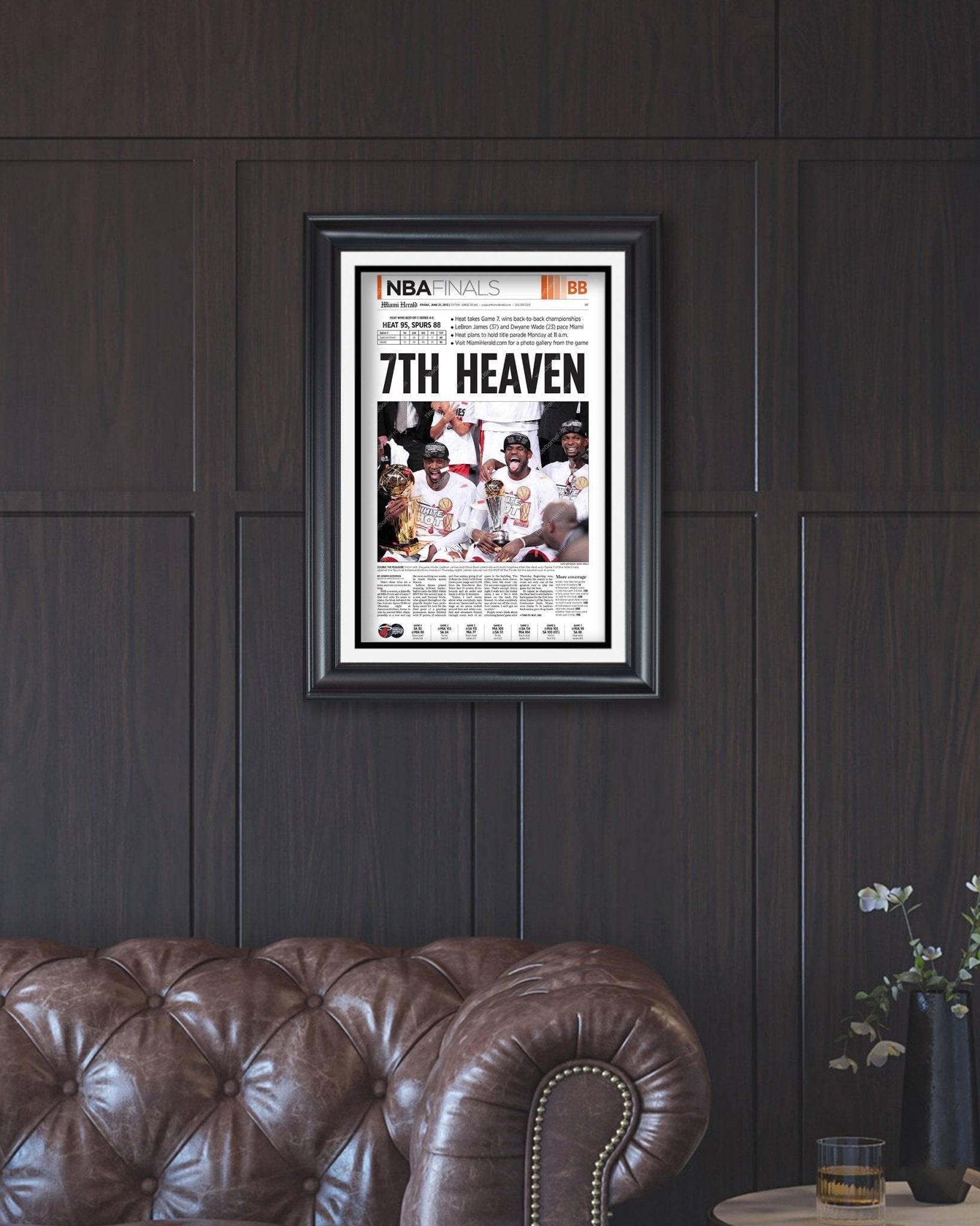 2013 Miami Heat “7th Heaven” NBA Champions Framed Newspaper Front Page Print - TitleGameFrames.com