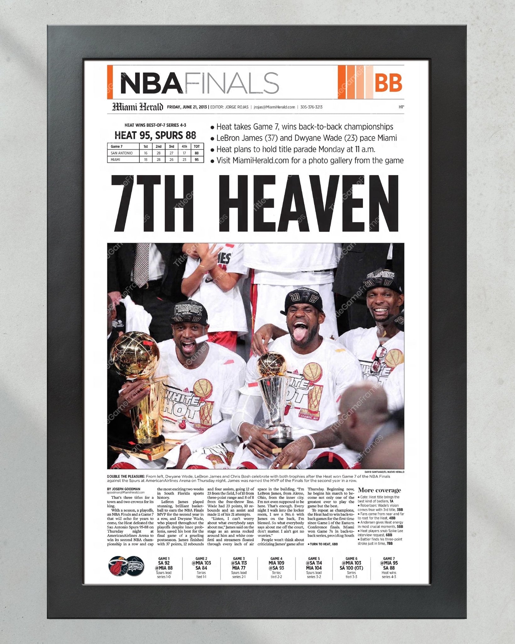 2013 Miami Heat “7th Heaven” NBA Champions Framed Newspaper Front Page Print - TitleGameFrames.com