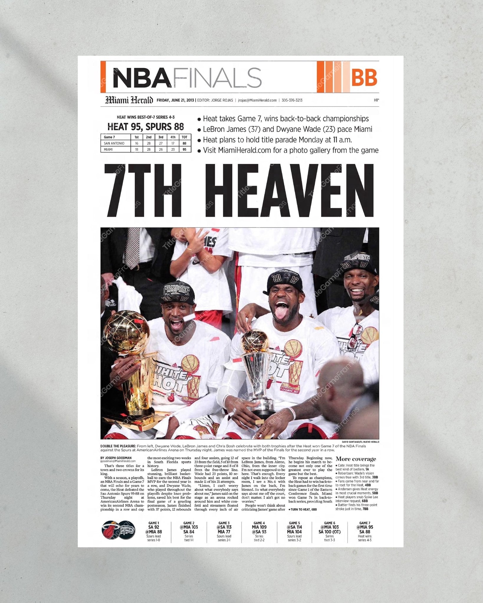 2013 Miami Heat “7th Heaven” NBA Champions Framed Newspaper Front Page Print - TitleGameFrames.com