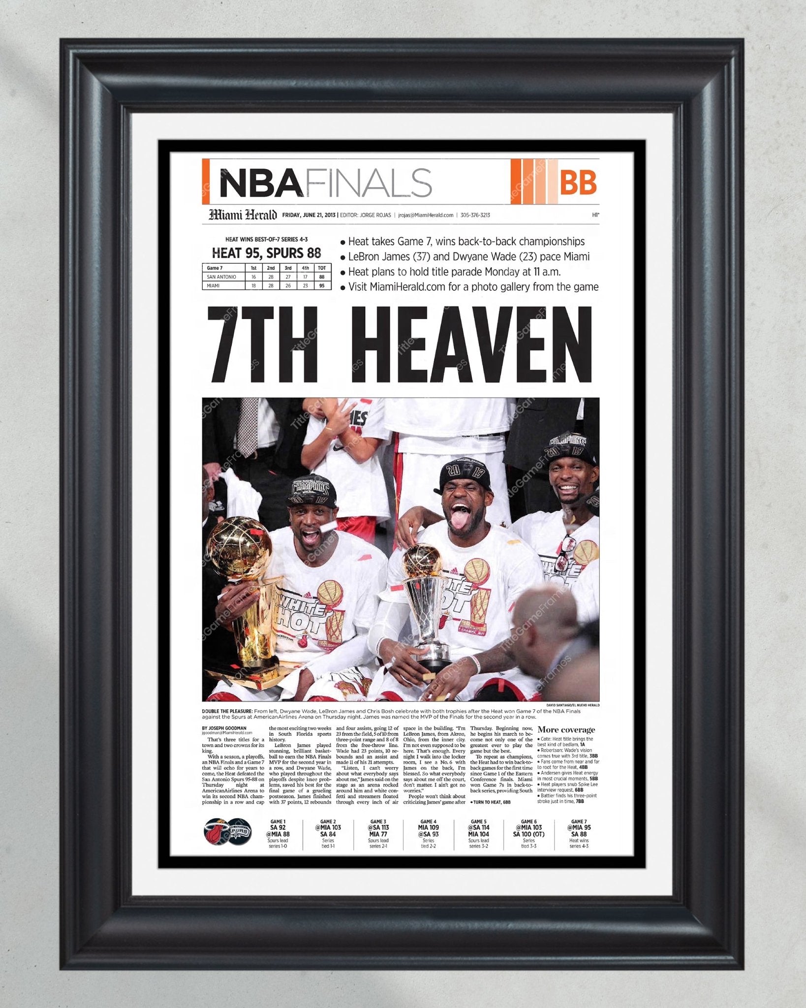 2013 Miami Heat “7th Heaven” NBA Champions Framed Newspaper Front Page Print - TitleGameFrames.com