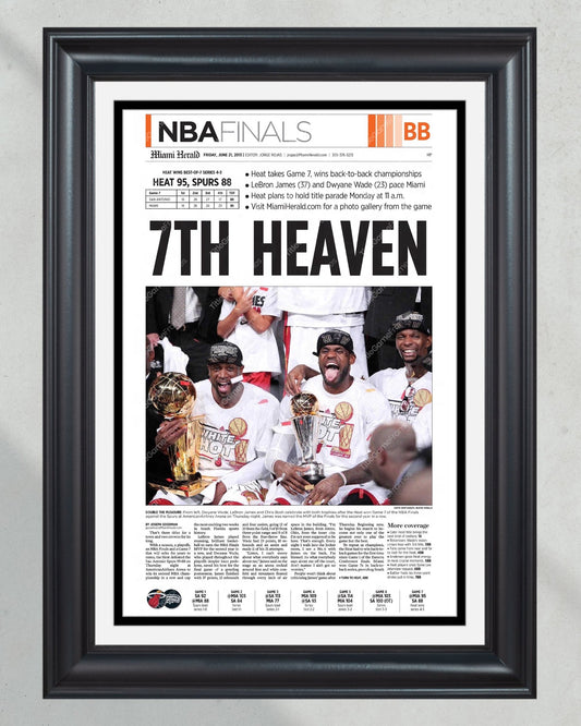 2013 Miami Heat “7th Heaven” NBA Champions Framed Newspaper Front Page Print - TitleGameFrames.com