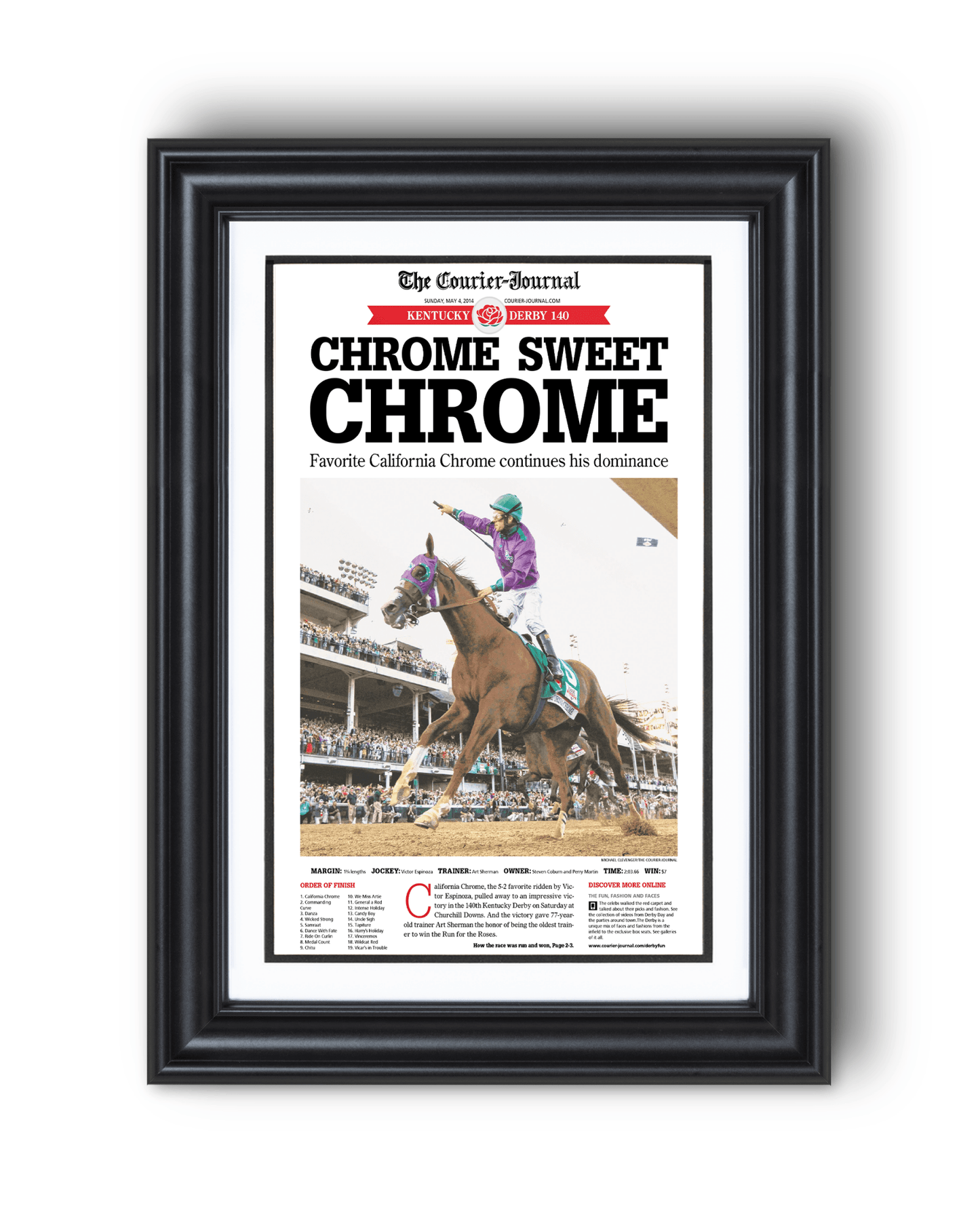 2014 Kentucky Derby California “CHROME SWEET CHROME” California Chrome Winner Framed Newspaper - TitleGameFrames.com