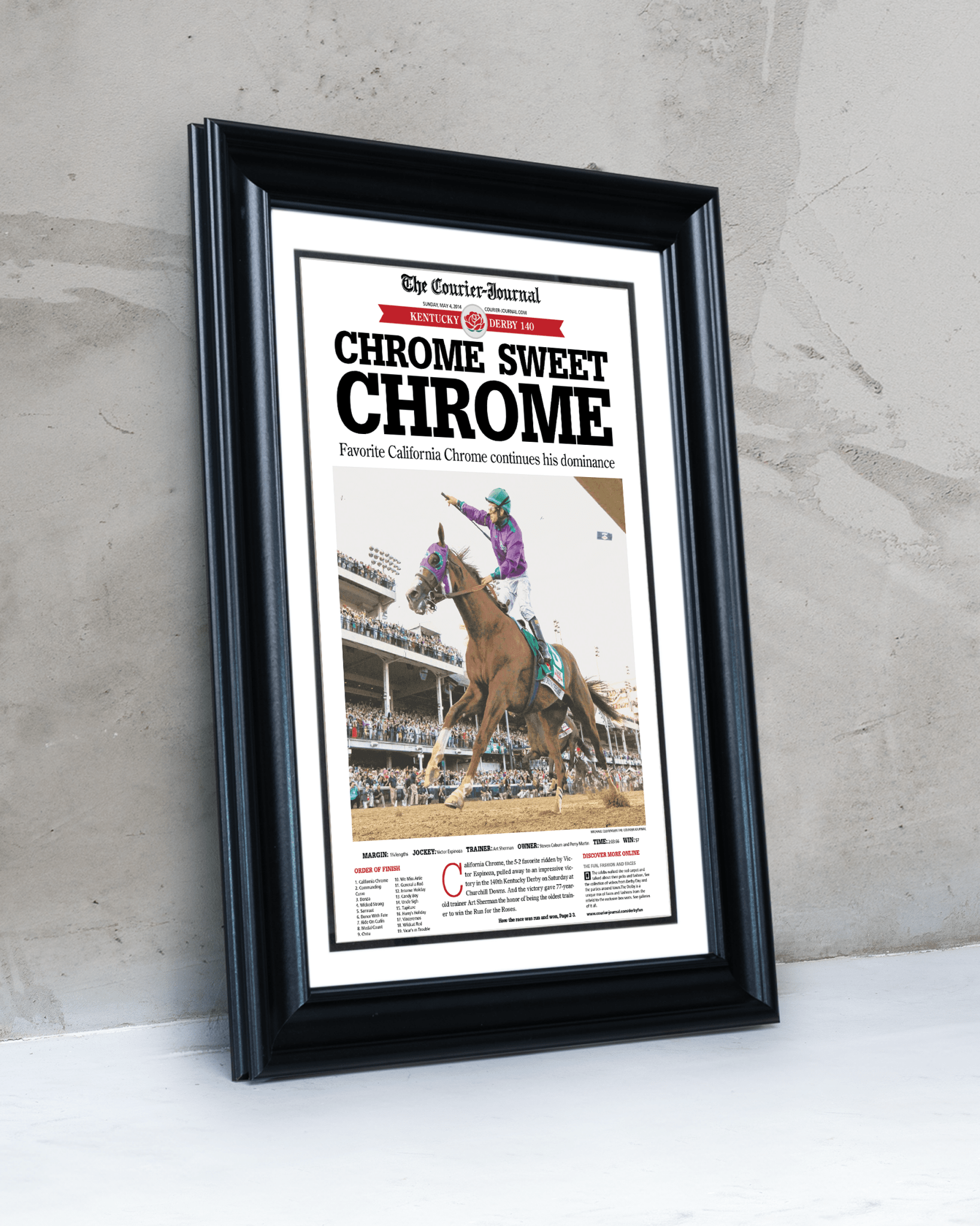 2014 Kentucky Derby California “CHROME SWEET CHROME” California Chrome Winner Framed Newspaper - TitleGameFrames.com