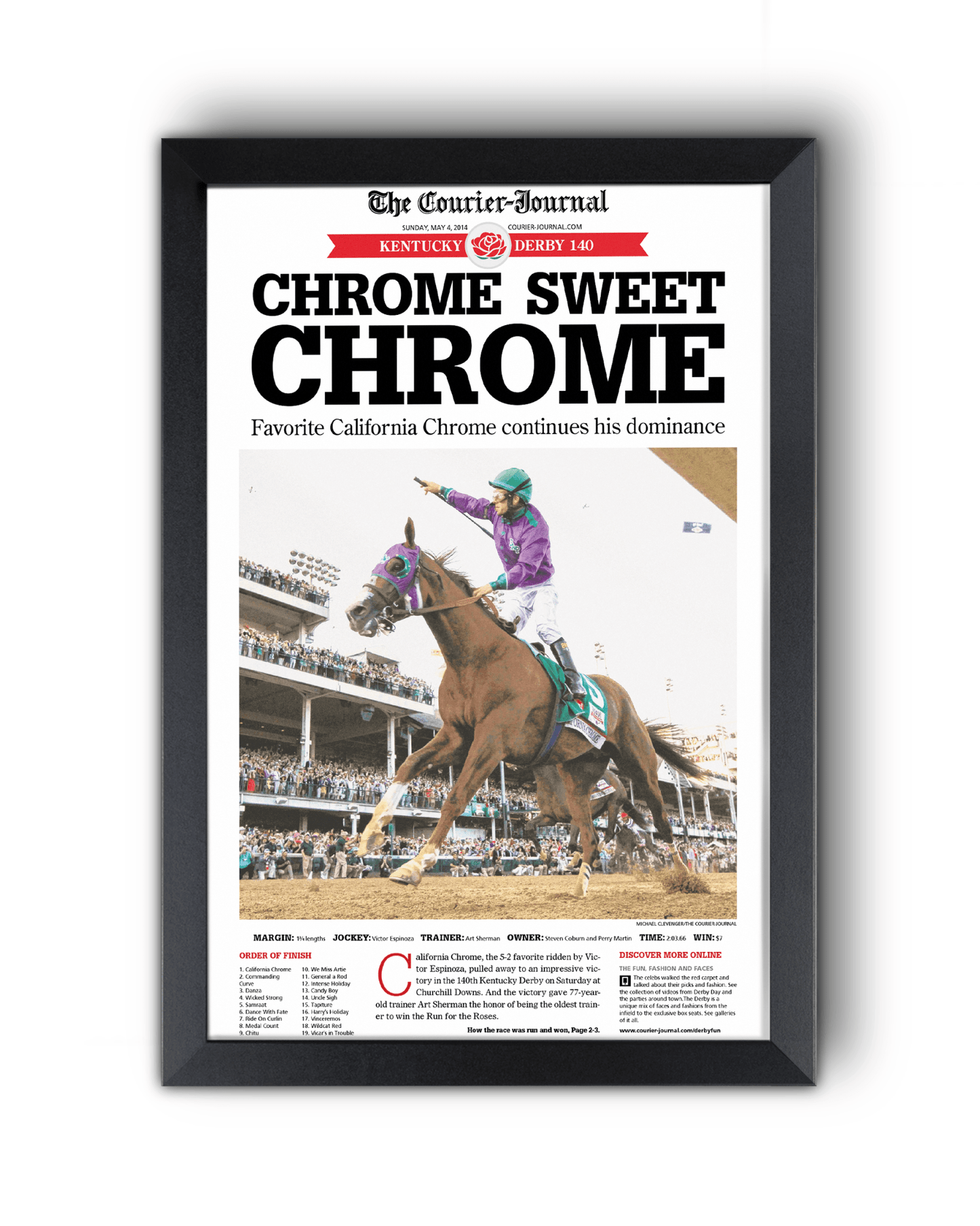 2014 Kentucky Derby California “CHROME SWEET CHROME” California Chrome Winner Framed Newspaper - TitleGameFrames.com
