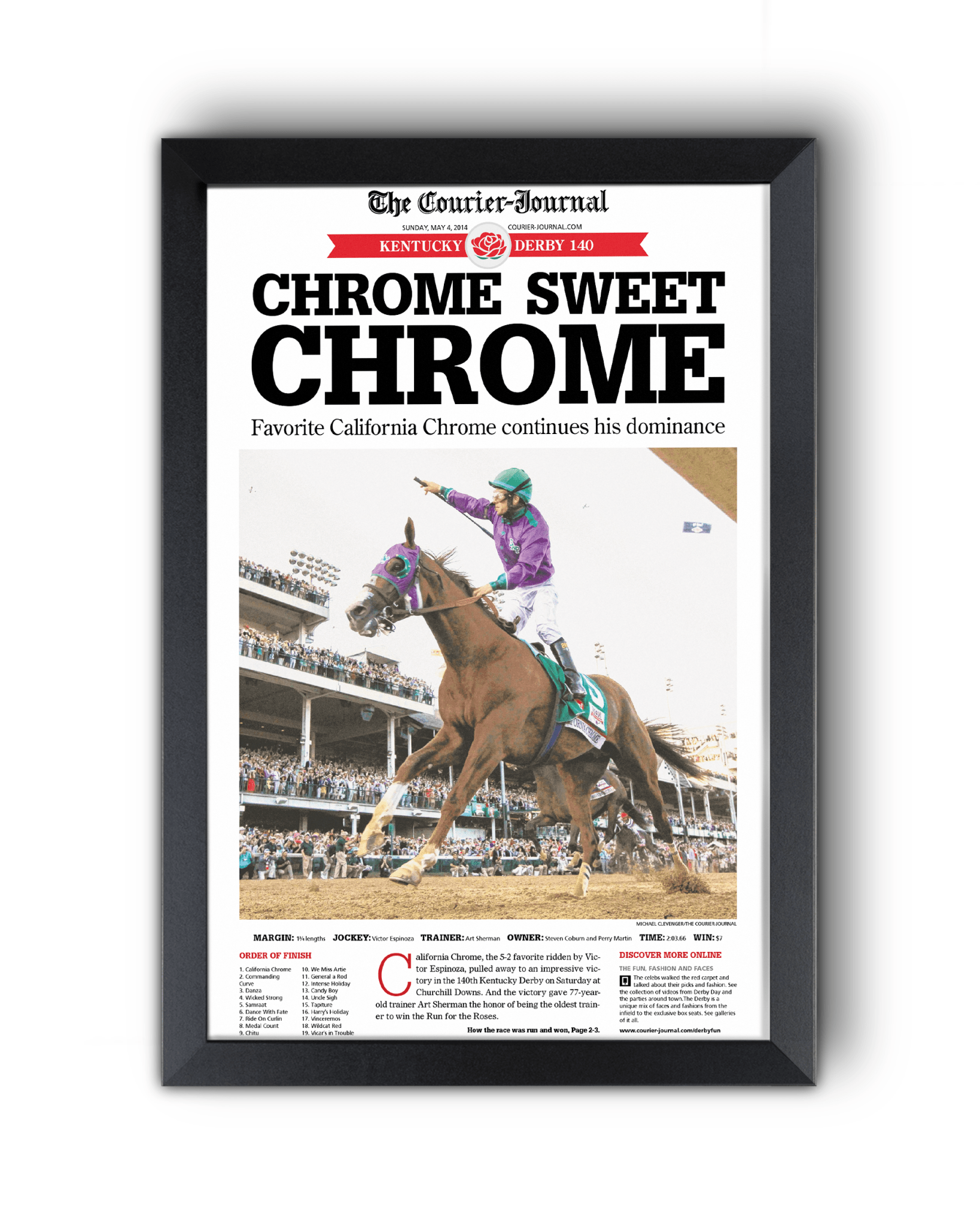 2014 Kentucky Derby California “CHROME SWEET CHROME” California Chrome Winner Framed Newspaper - TitleGameFrames.com