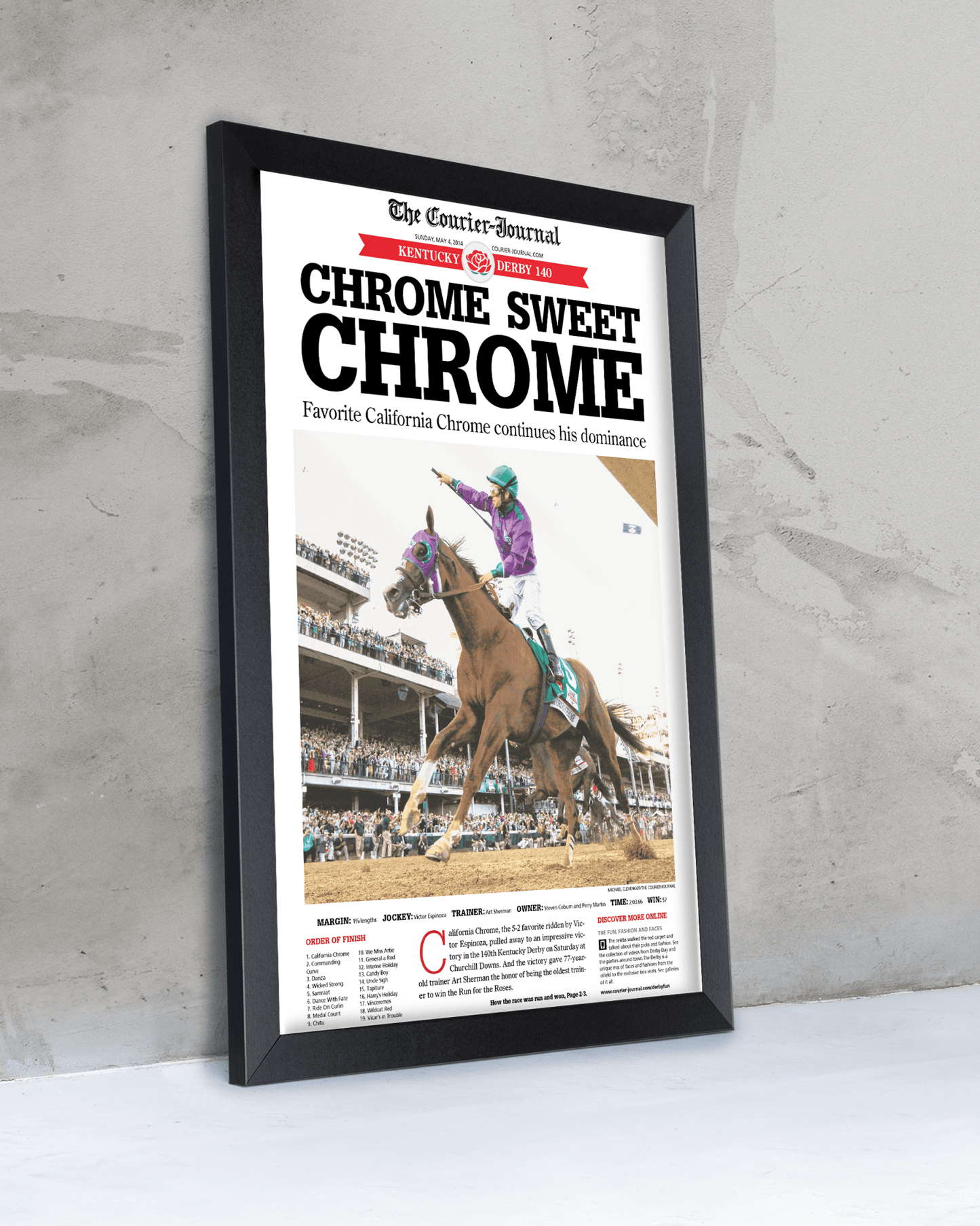 2014 Kentucky Derby California “CHROME SWEET CHROME” California Chrome Winner Framed Newspaper - TitleGameFrames.com
