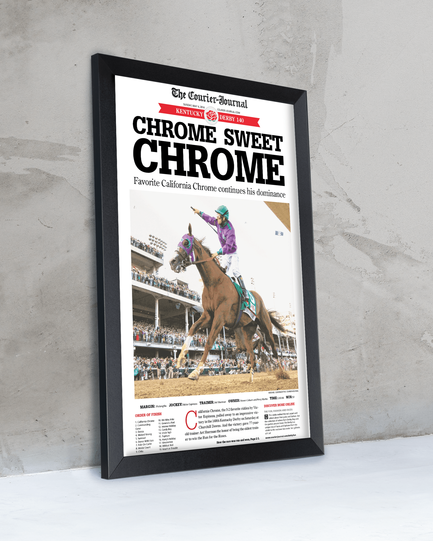 2014 Kentucky Derby California “CHROME SWEET CHROME” California Chrome Winner Framed Newspaper - TitleGameFrames.com