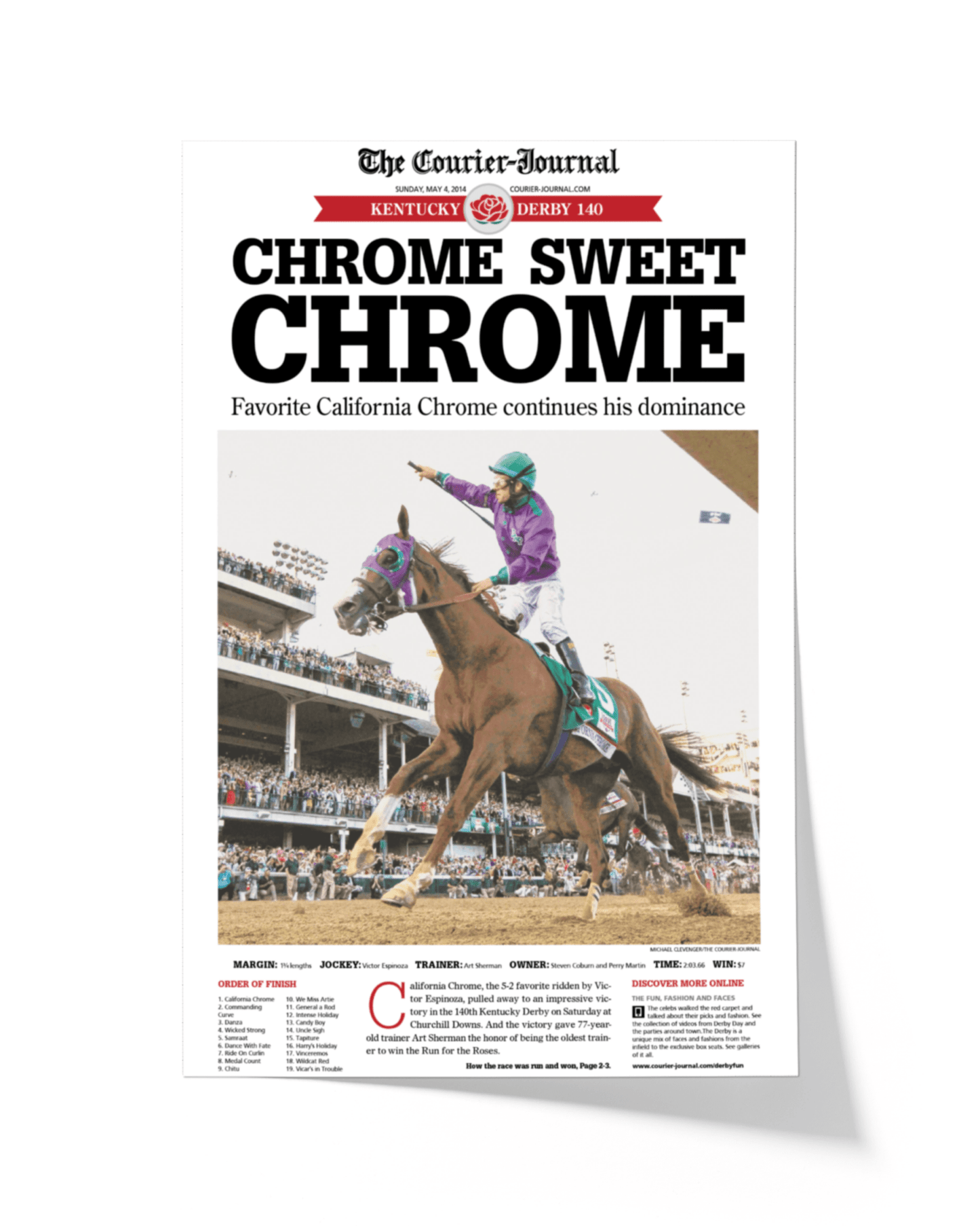2014 Kentucky Derby California “CHROME SWEET CHROME” California Chrome Winner Framed Newspaper - TitleGameFrames.com