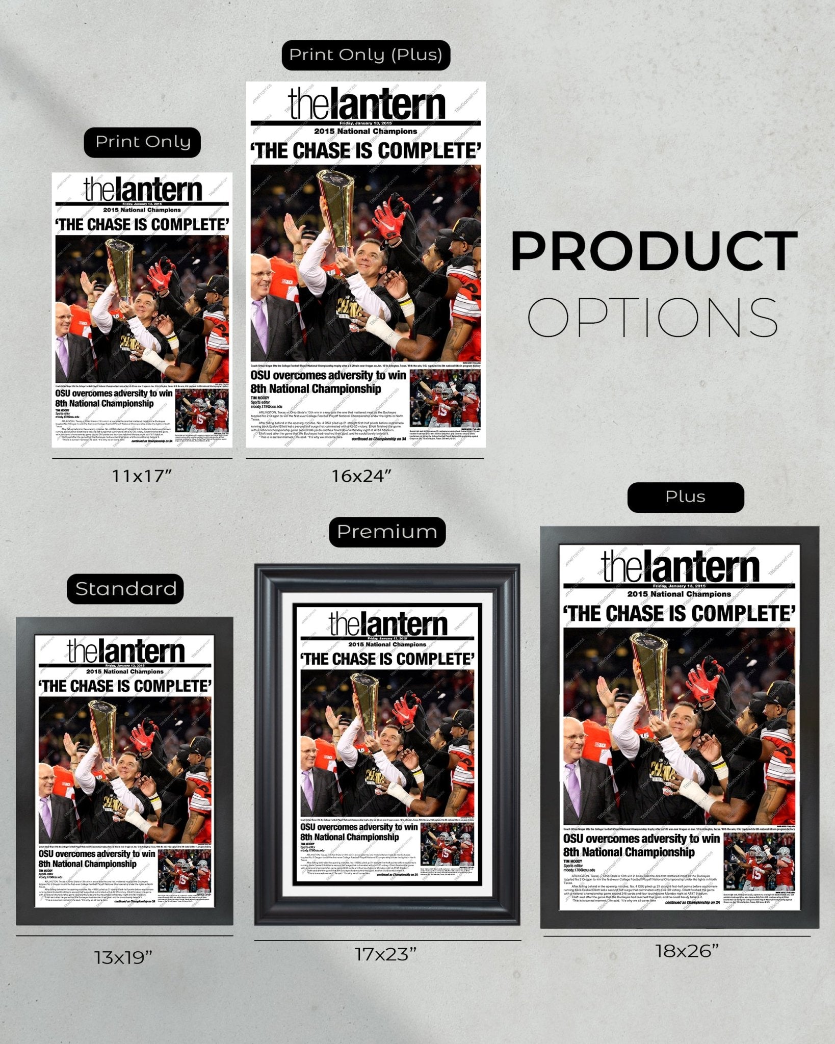 2014 Ohio State Football Champions "The Chase is Complete" The Lantern Framed Newspaper - Title Game Frames