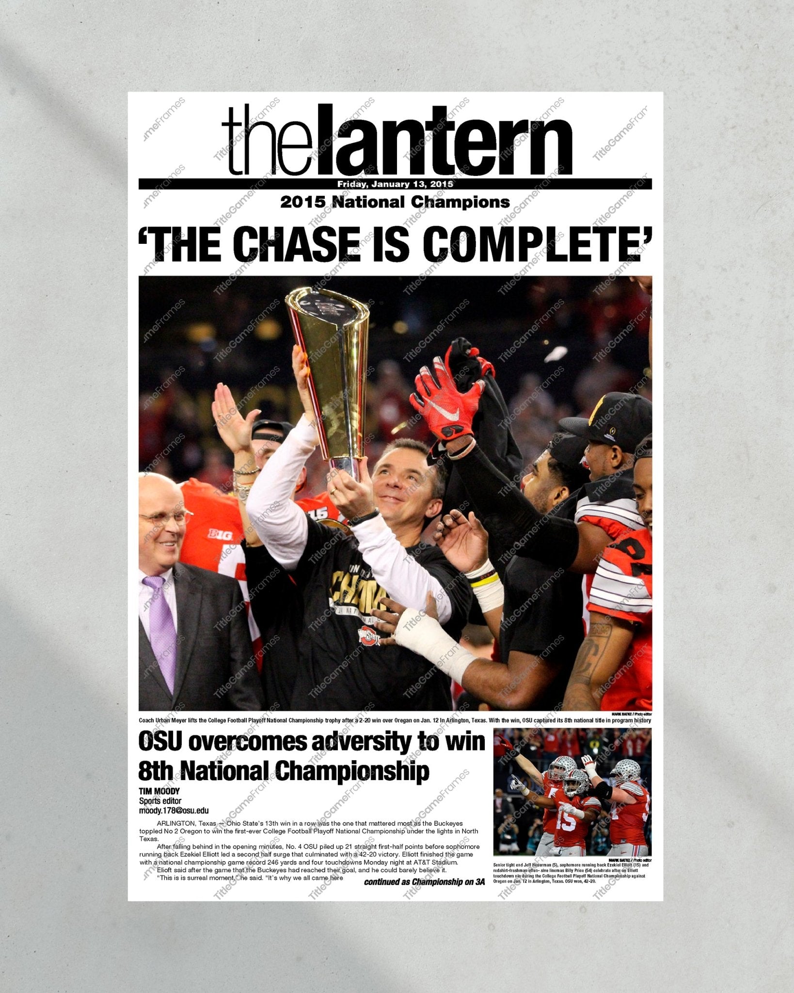 2014 Ohio State Football Champions "The Chase is Complete" The Lantern Framed Newspaper - Title Game Frames