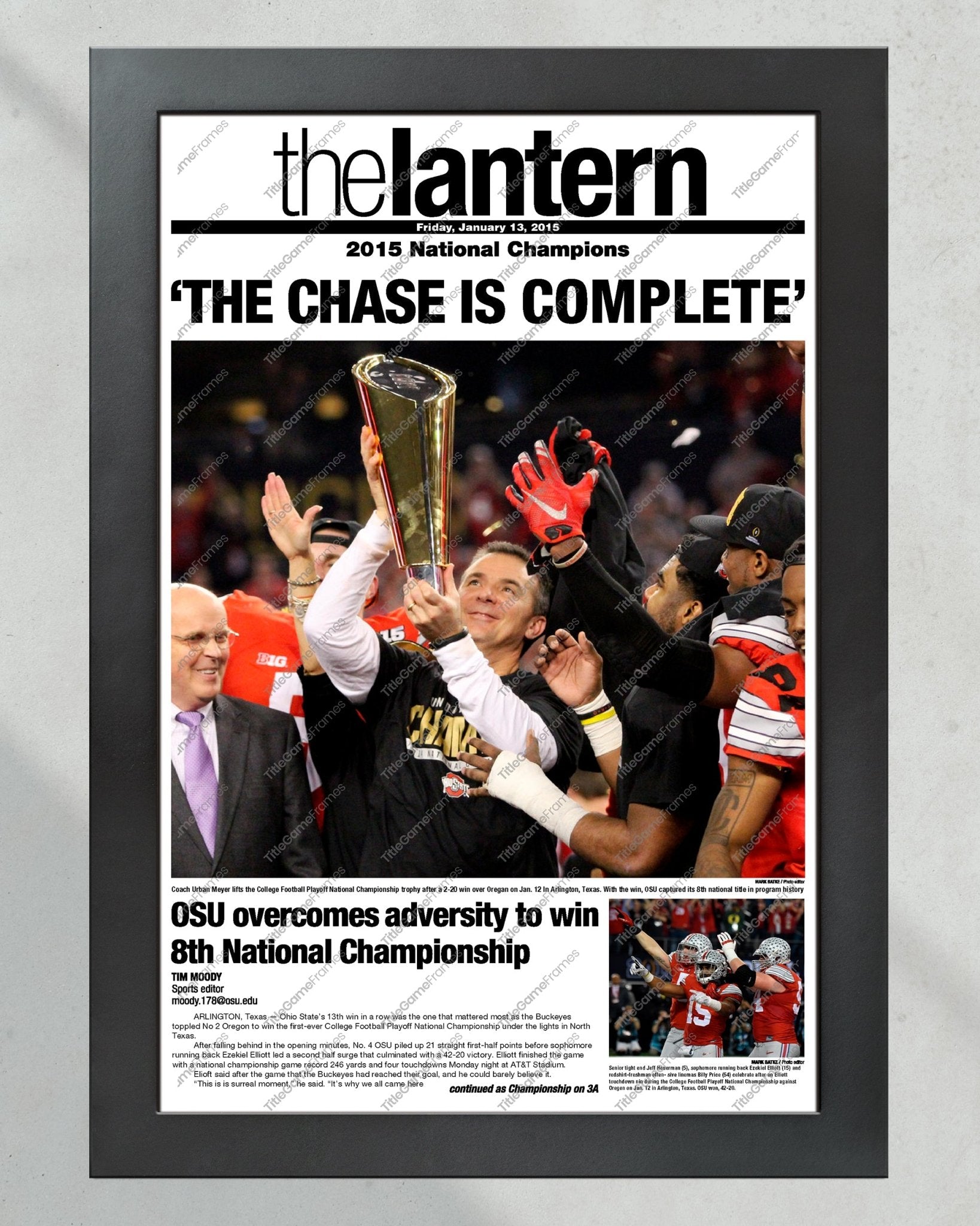 2014 Ohio State Football Champions "The Chase is Complete" The Lantern Framed Newspaper - Title Game Frames
