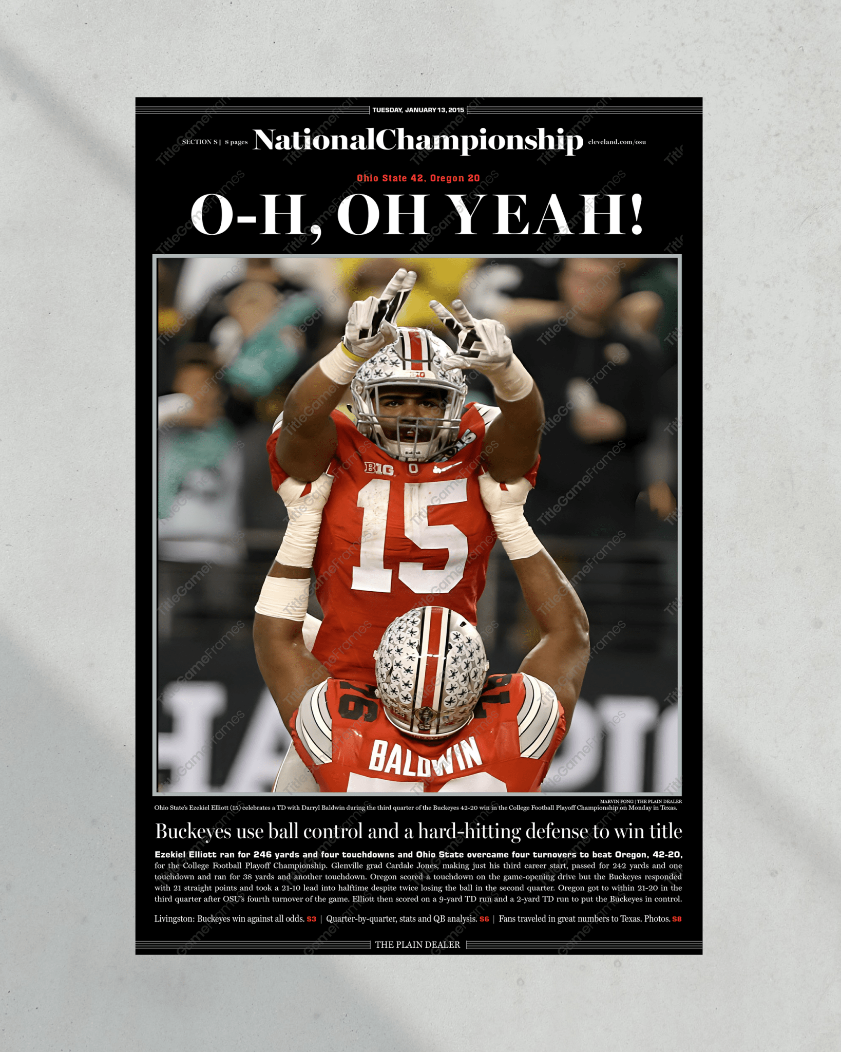2014 Ohio State National Champions "O - H, OH YEAH!" Plain Dealer Commemorative Newspaper - Title Game Frames