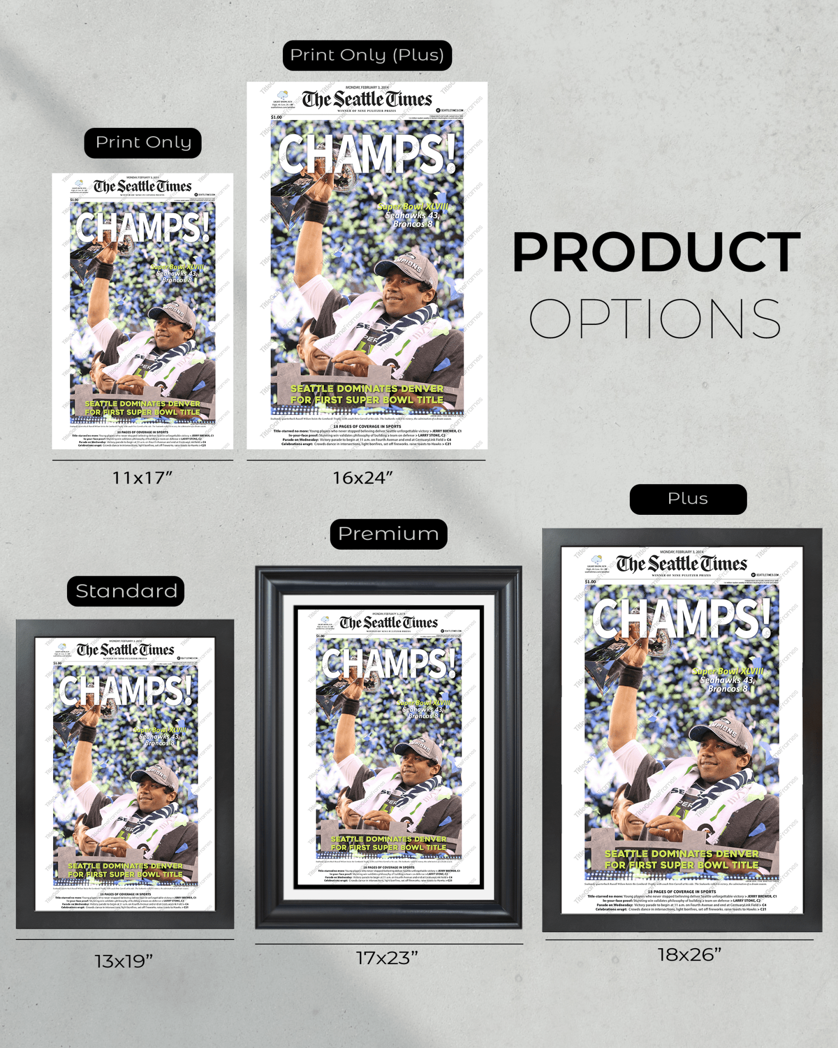 2014 Seattle Seahawks Super Bowl XLVIII Framed Front Page Newspaper Print - TitleGameFrames.com