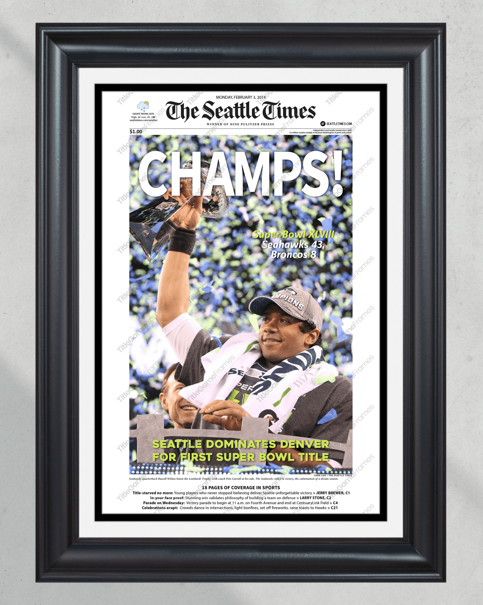 2014 Seattle Seahawks Super Bowl XLVIII Framed Front Page Newspaper Print - TitleGameFrames.com