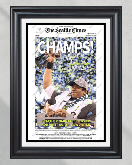 2014 Seattle Seahawks Super Bowl XLVIII Framed Front Page Newspaper Print - TitleGameFrames.com