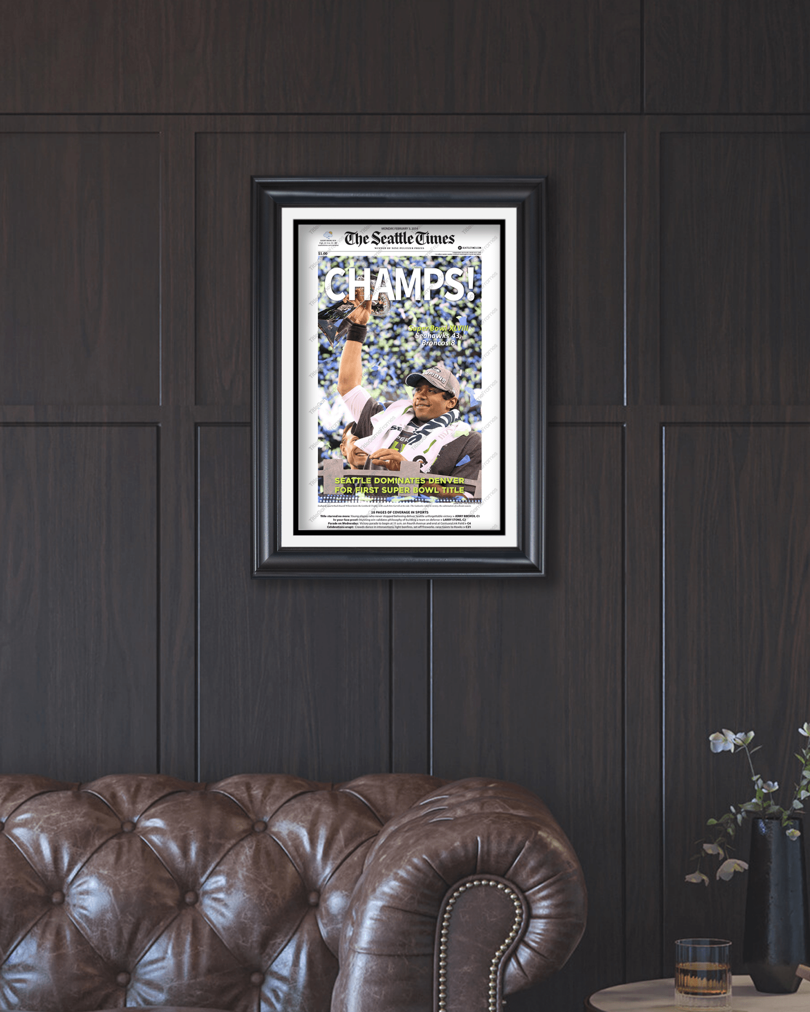 2014 Seattle Seahawks Super Bowl XLVIII Framed Front Page Newspaper Print - TitleGameFrames.com