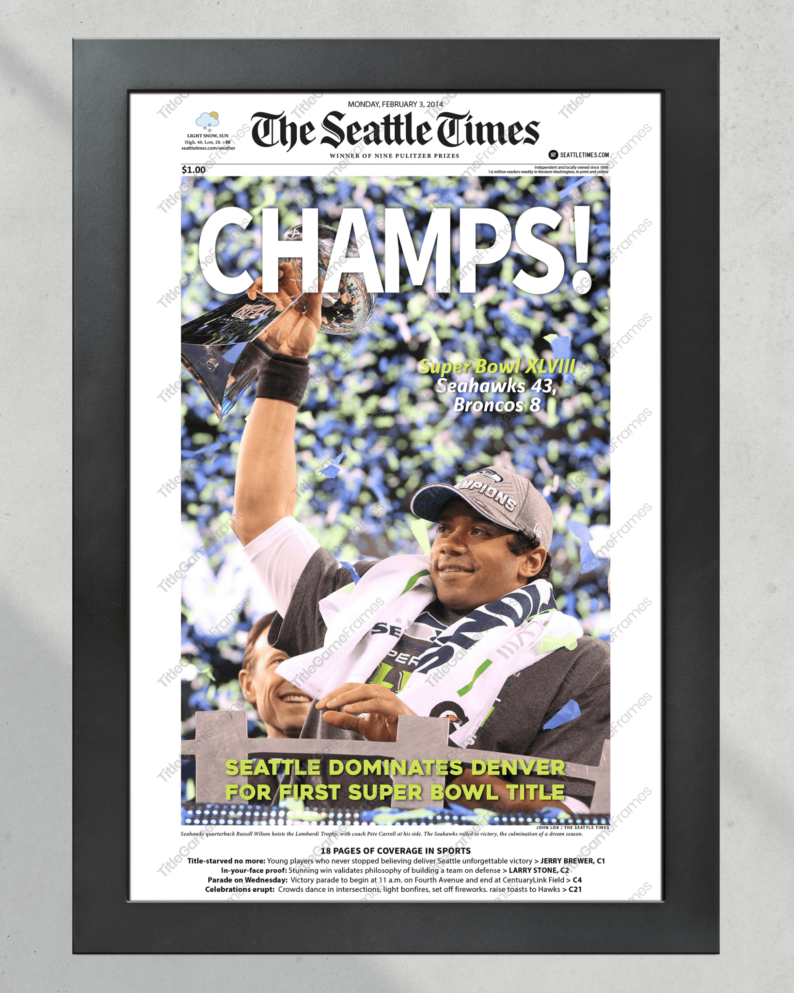 2014 Seattle Seahawks Super Bowl XLVIII Framed Front Page Newspaper Print - TitleGameFrames.com