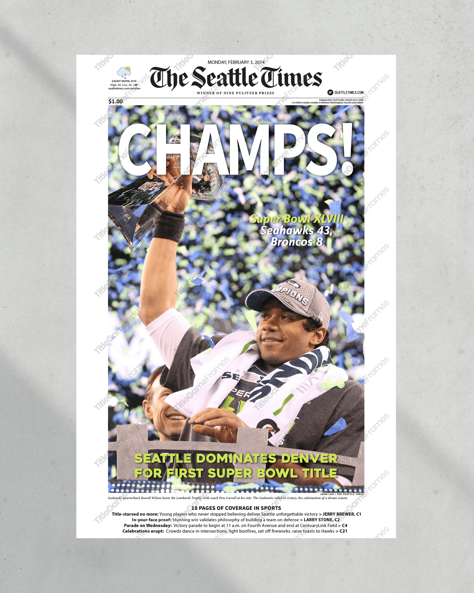2014 Seattle Seahawks Super Bowl XLVIII Framed Front Page Newspaper Print - TitleGameFrames.com