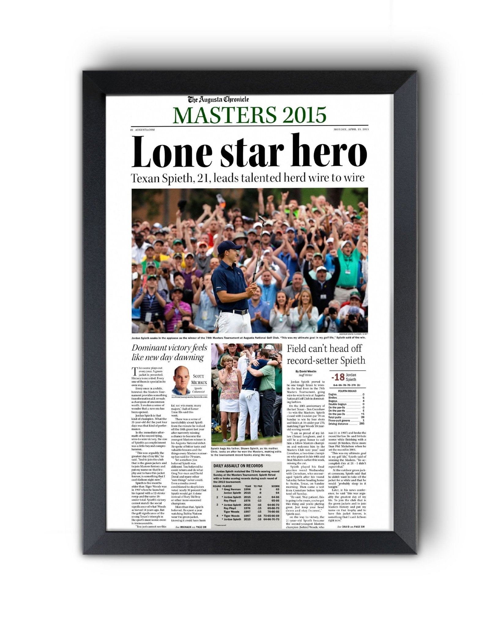2015 Jordan Spieth Masters Champion 'Lone star hero' Framed Newspaper - TitleGameFrames.com