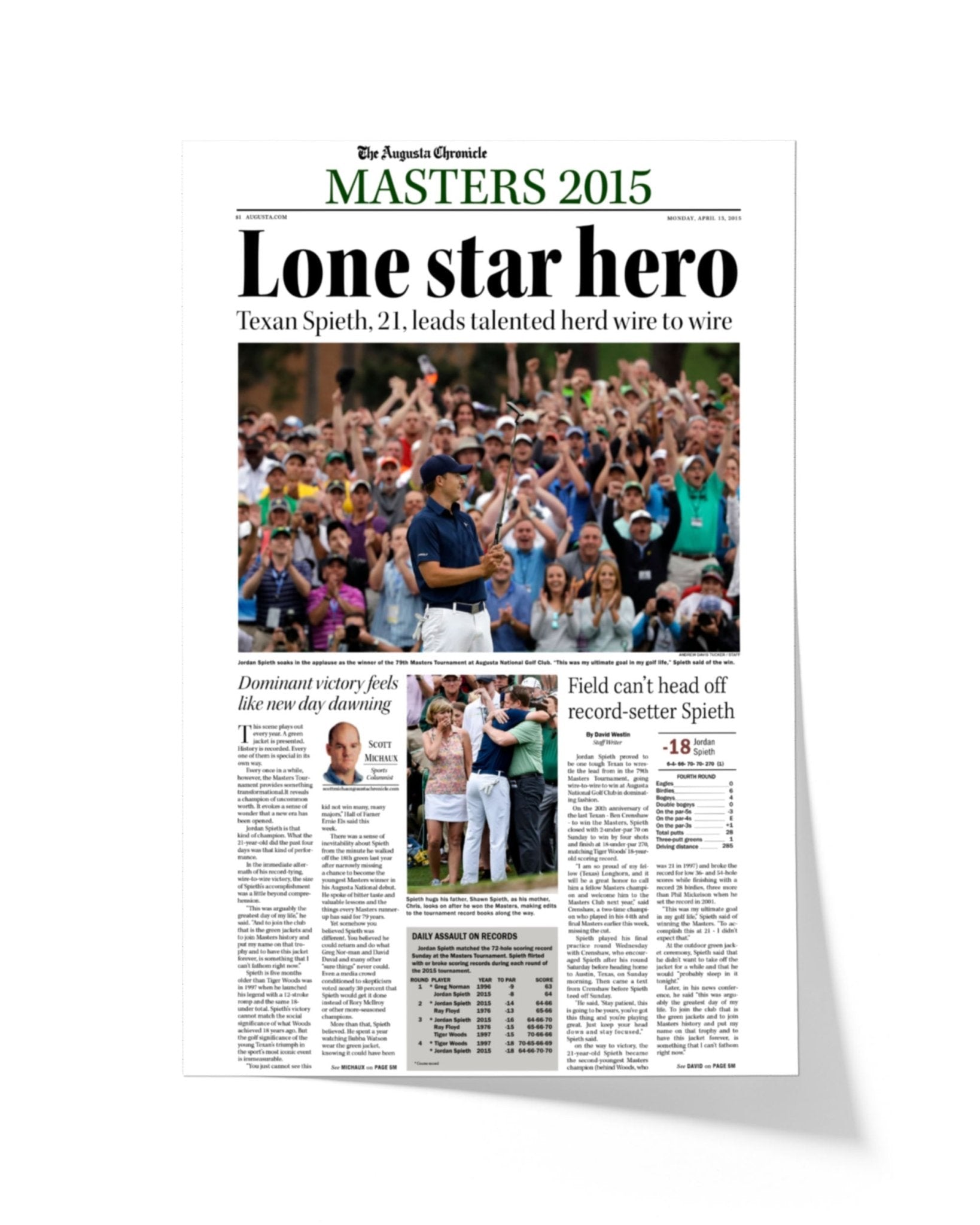 2015 Jordan Spieth Masters Champion 'Lone star hero' Framed Newspaper - TitleGameFrames.com