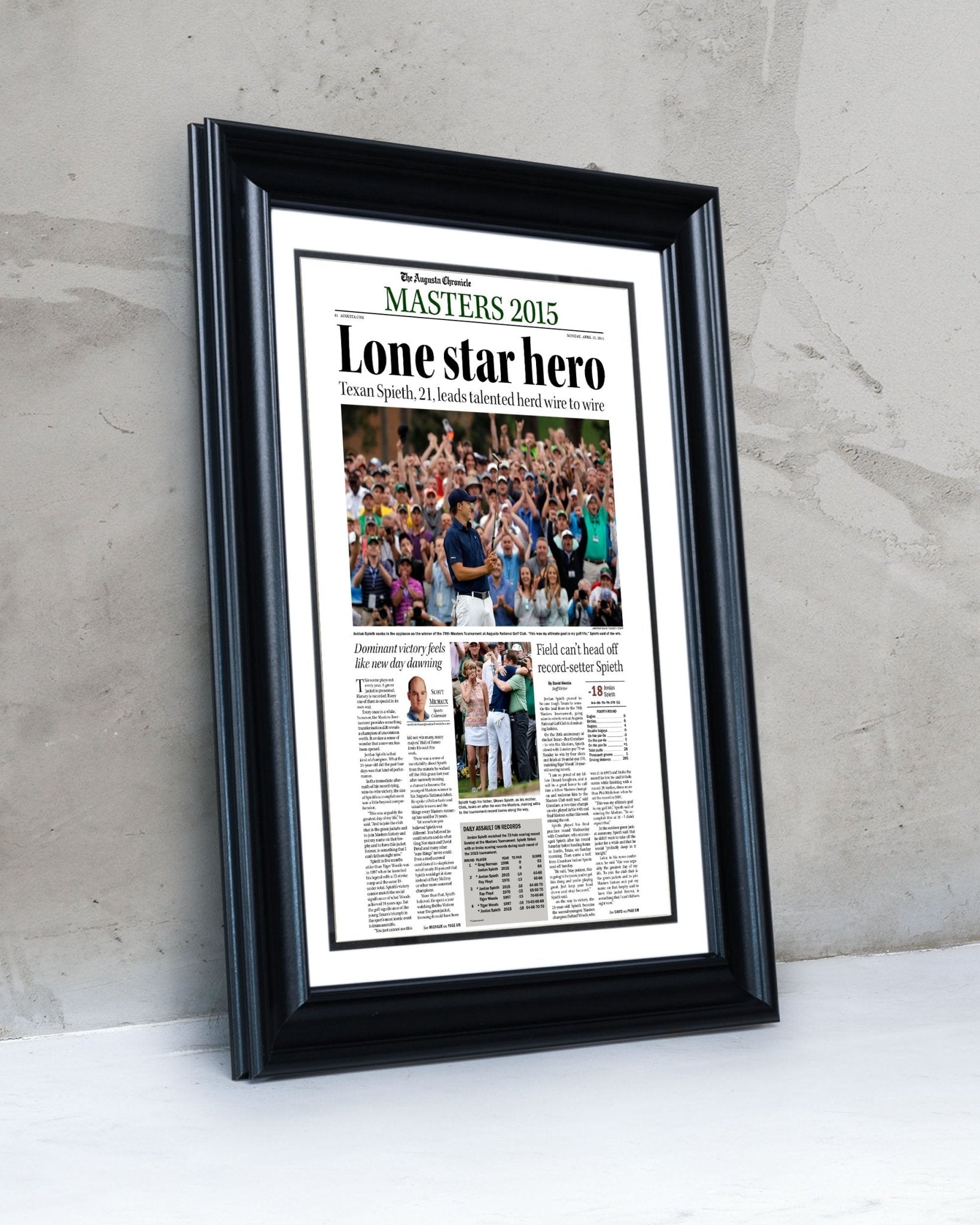 2015 Jordan Spieth Masters Champion 'Lone star hero' Framed Newspaper - TitleGameFrames.com
