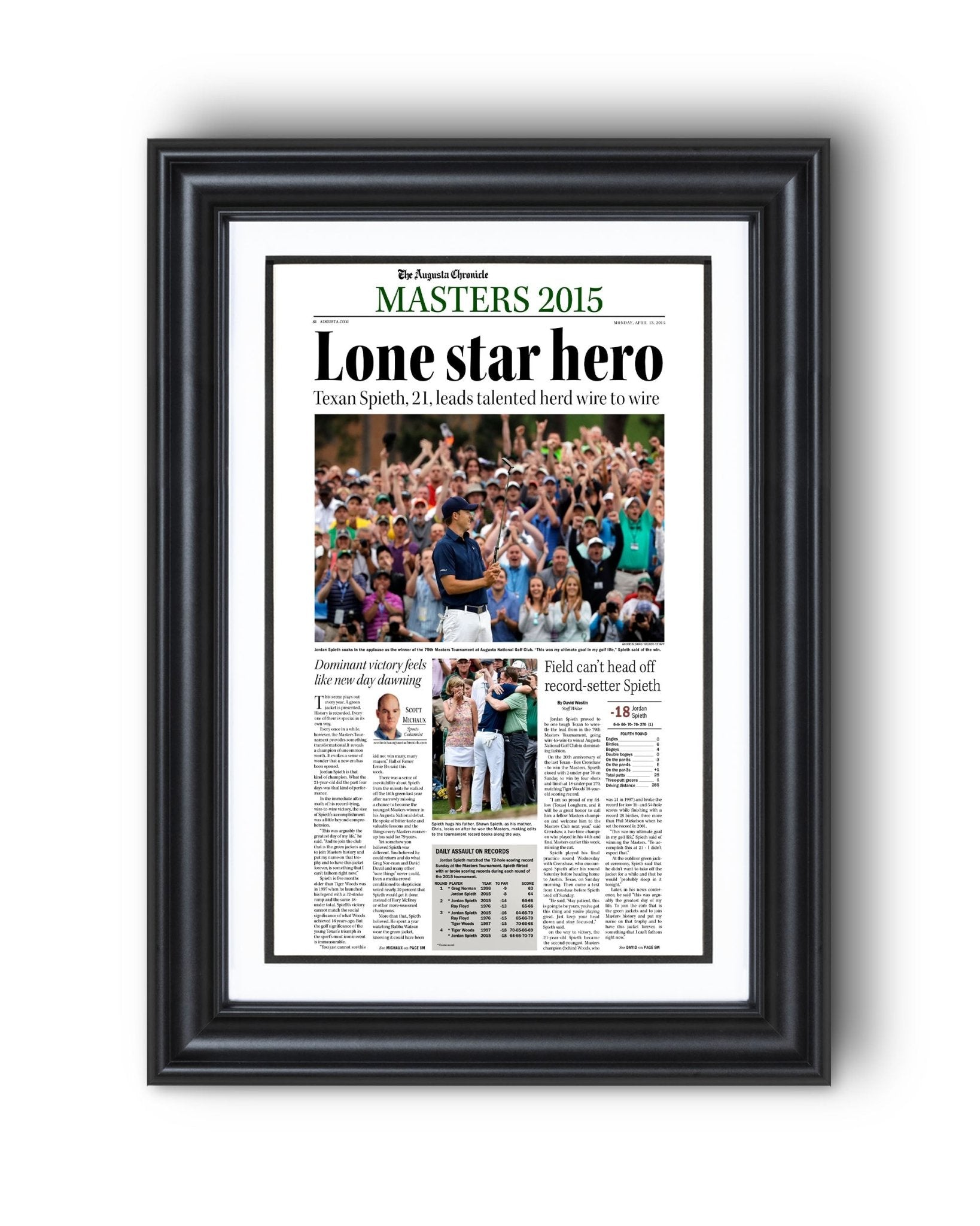 2015 Jordan Spieth Masters Champion 'Lone star hero' Framed Newspaper - TitleGameFrames.com