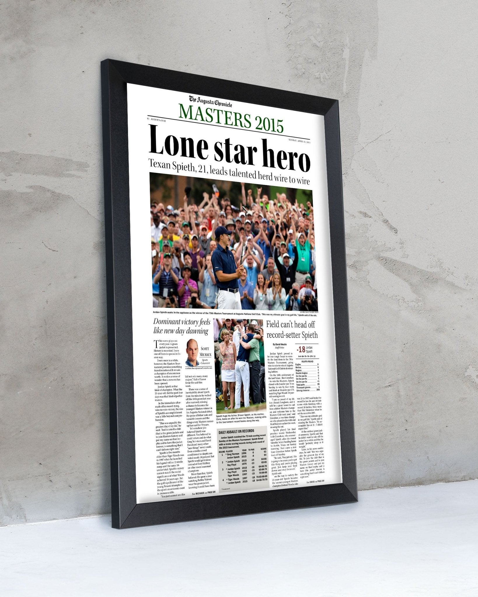 2015 Jordan Spieth Masters Champion 'Lone star hero' Framed Newspaper - TitleGameFrames.com
