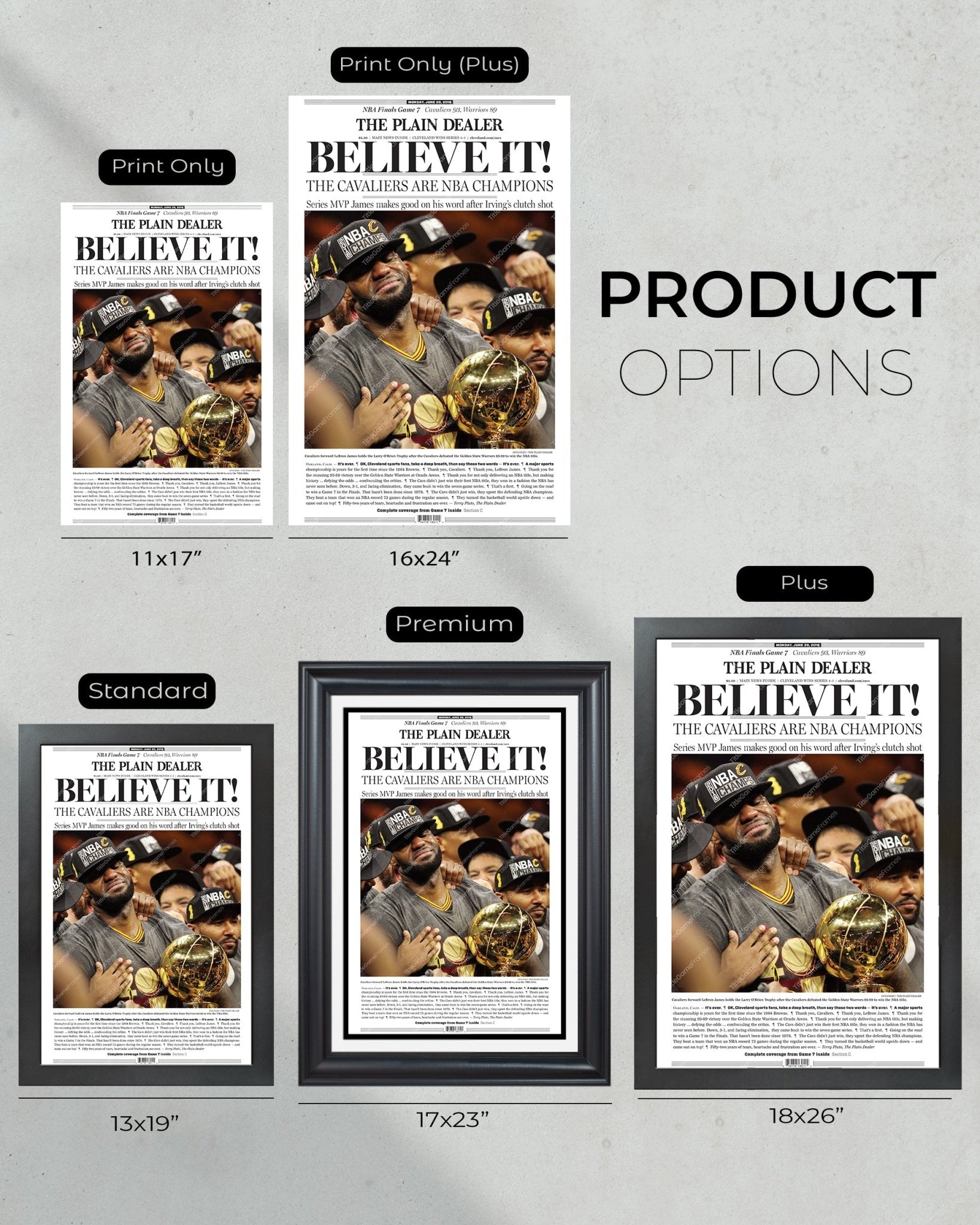 2016 Cleveland Cavaliers Cavs NBA Champions 'BELIEVE IT!' Framed Newspaper - Lebron James - TitleGameFrames.com