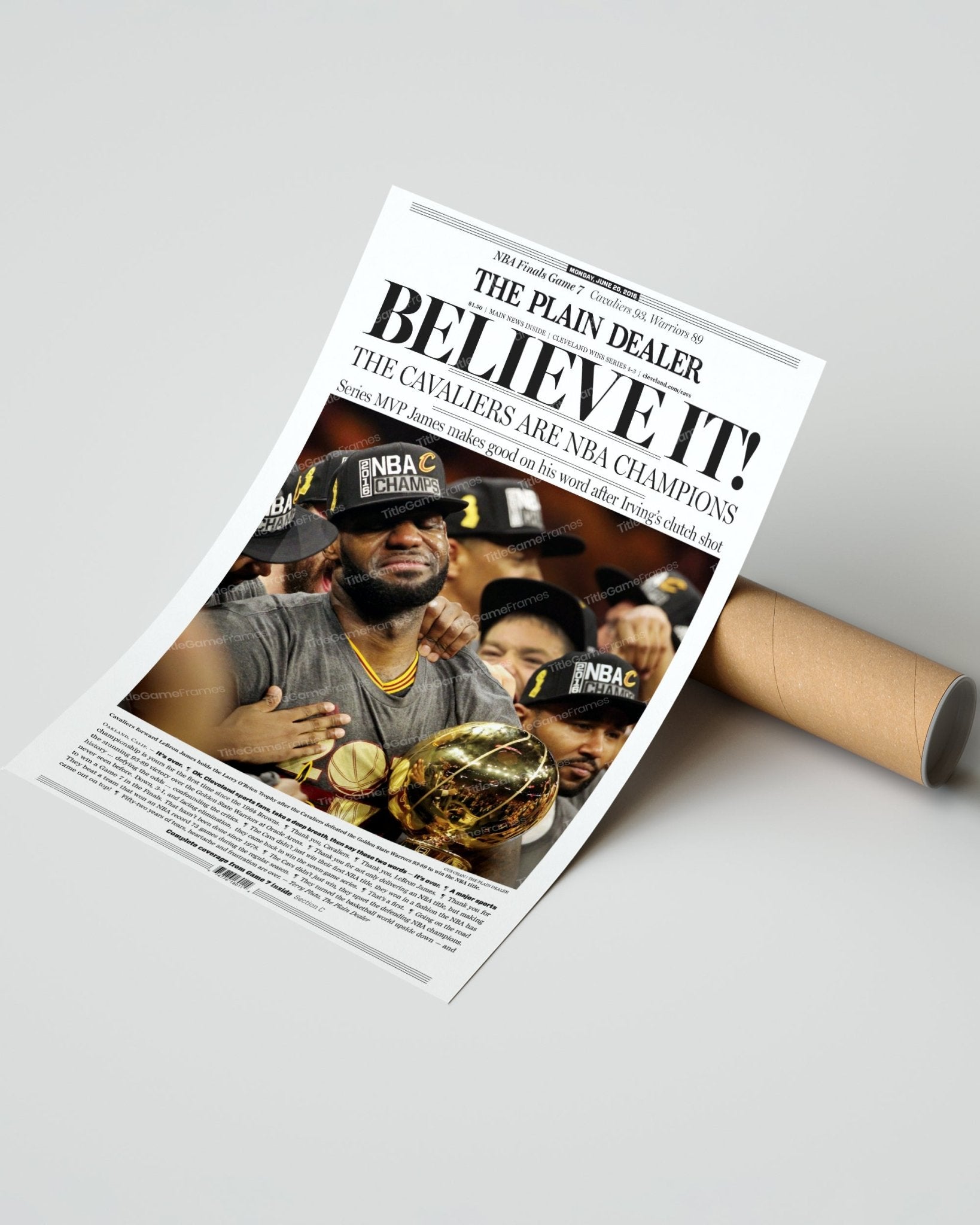 2016 Cleveland Cavaliers Cavs NBA Champions 'BELIEVE IT!' Framed Newspaper - Lebron James - TitleGameFrames.com