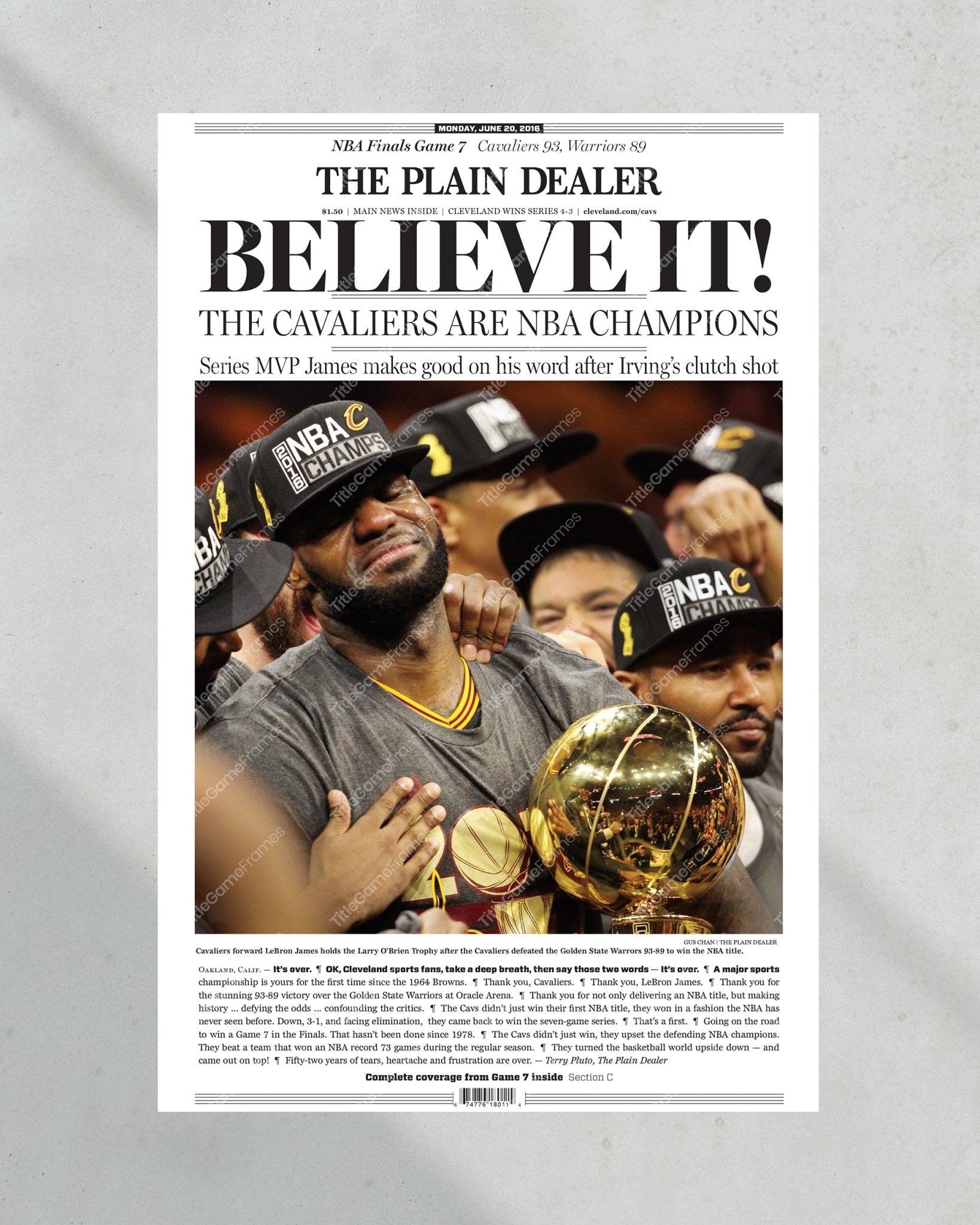 2016 Cleveland Cavaliers Cavs NBA Champions 'BELIEVE IT!' Framed Newspaper - Lebron James - TitleGameFrames.com