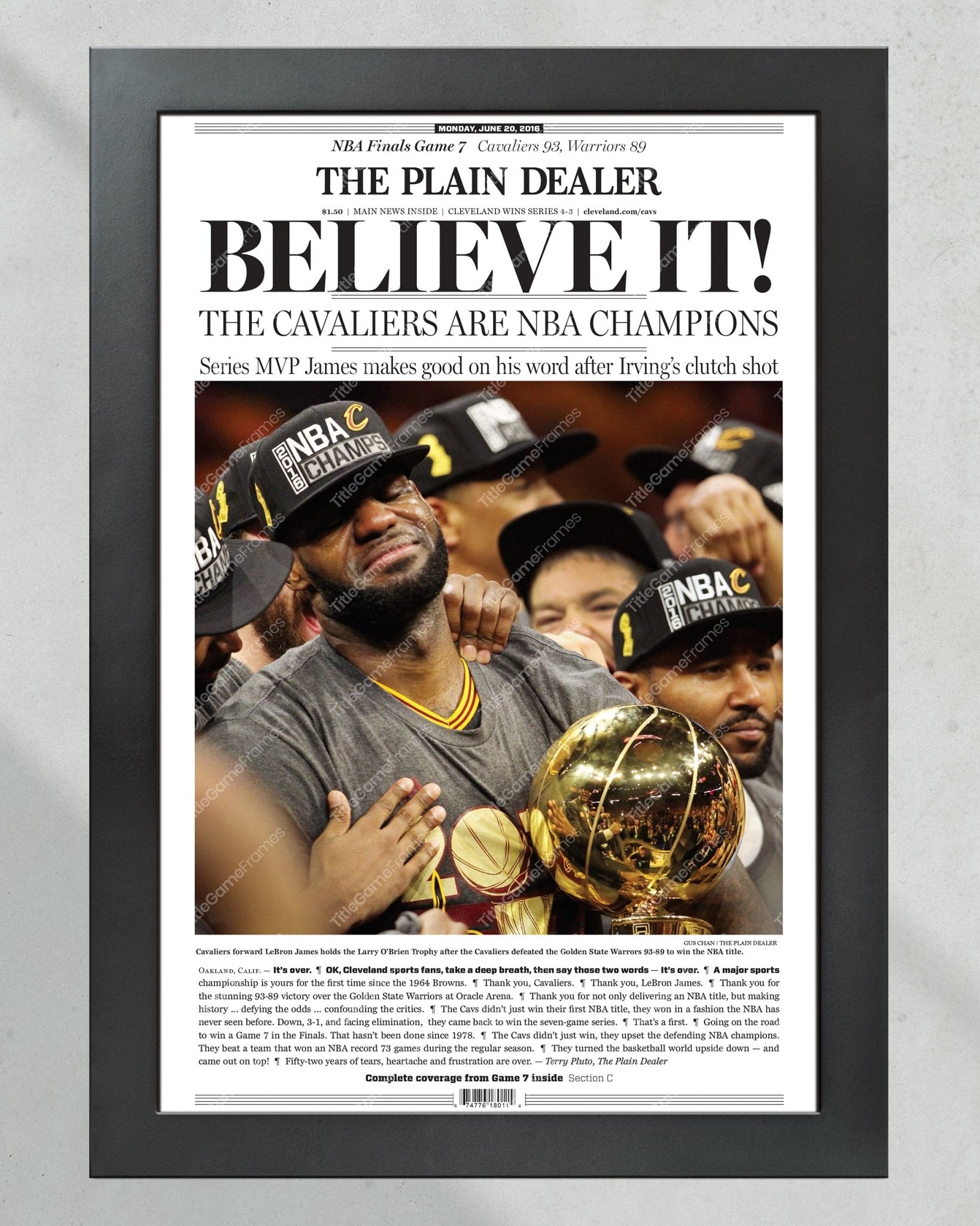 2016 Cleveland Cavaliers Cavs NBA Champions 'BELIEVE IT!' Framed Newspaper - Lebron James - TitleGameFrames.com