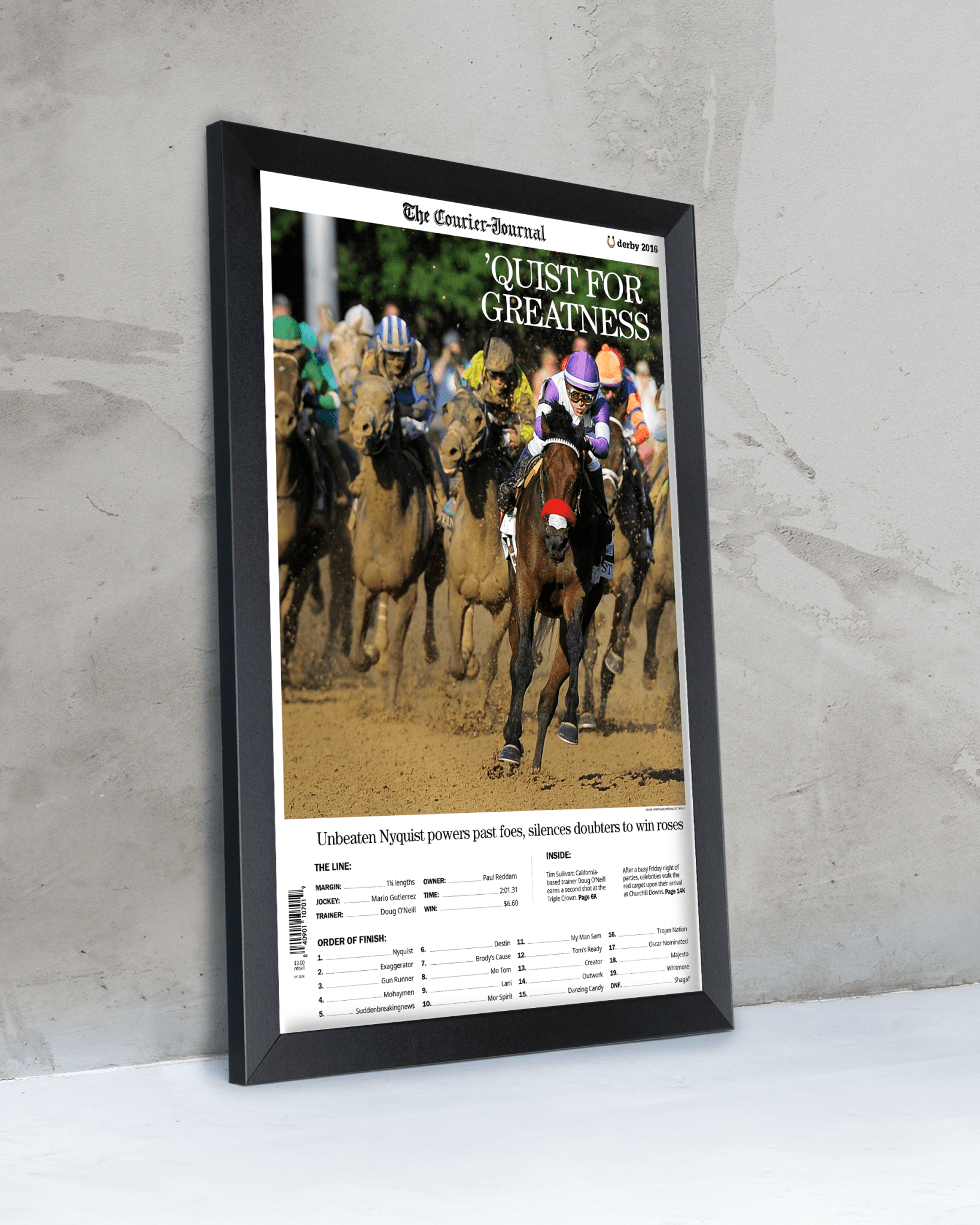 2016 Kentucky Derby “QUIST FOR GREATNESS” Nyquist Winner Framed Front Page Newspaper - TitleGameFrames.com