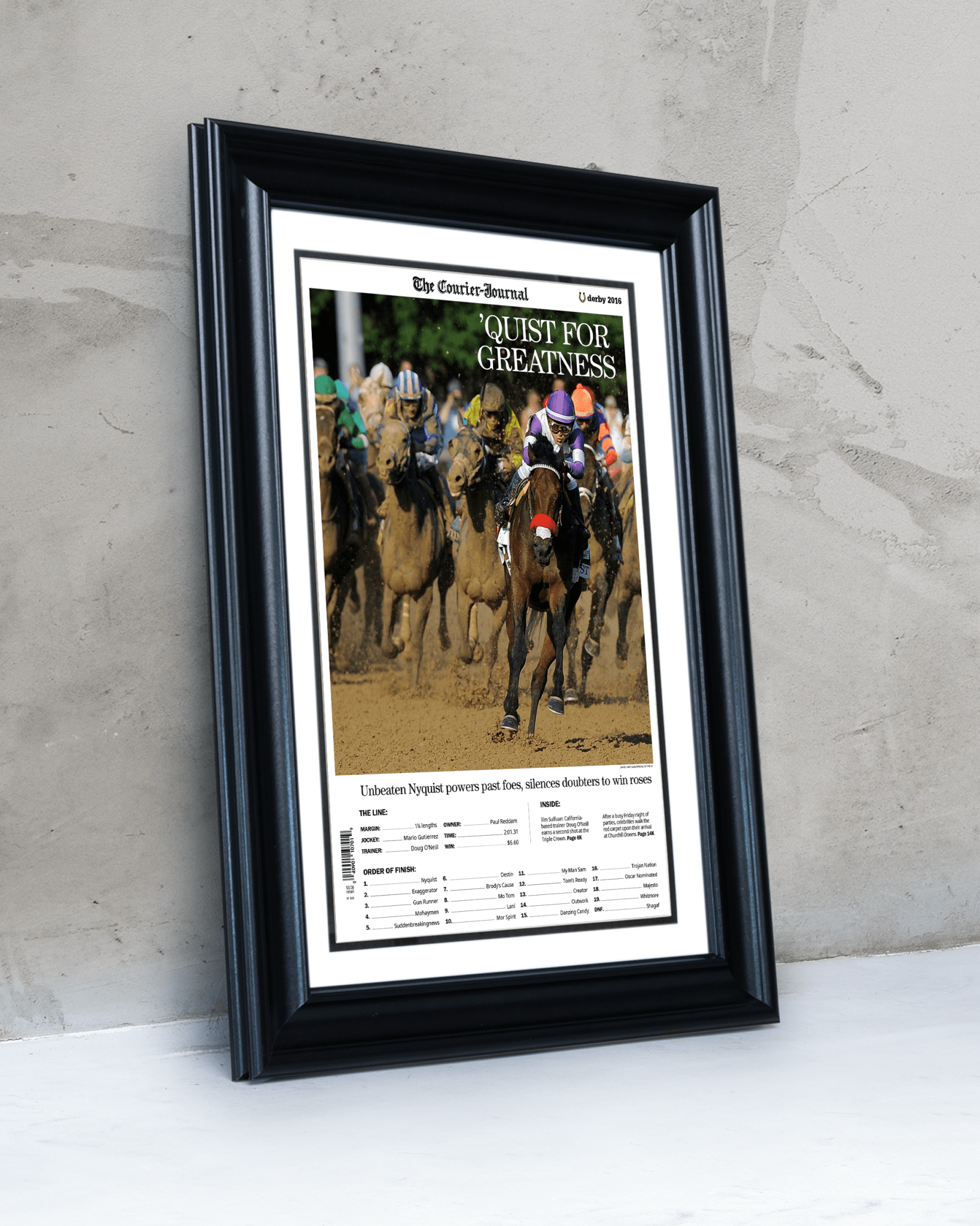 2016 Kentucky Derby “QUIST FOR GREATNESS” Nyquist Winner Framed Front Page Newspaper - TitleGameFrames.com