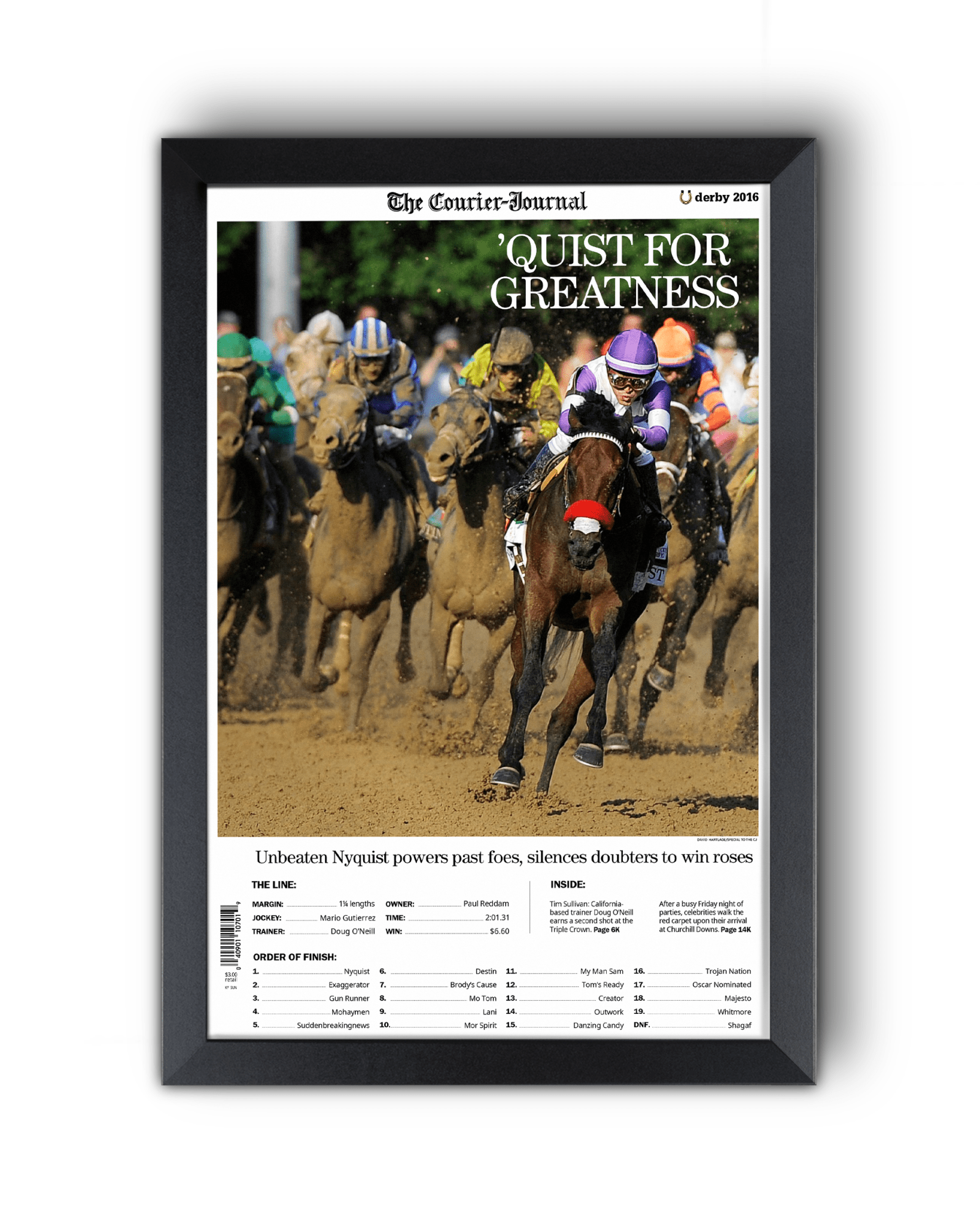 2016 Kentucky Derby “QUIST FOR GREATNESS” Nyquist Winner Framed Front Page Newspaper - TitleGameFrames.com