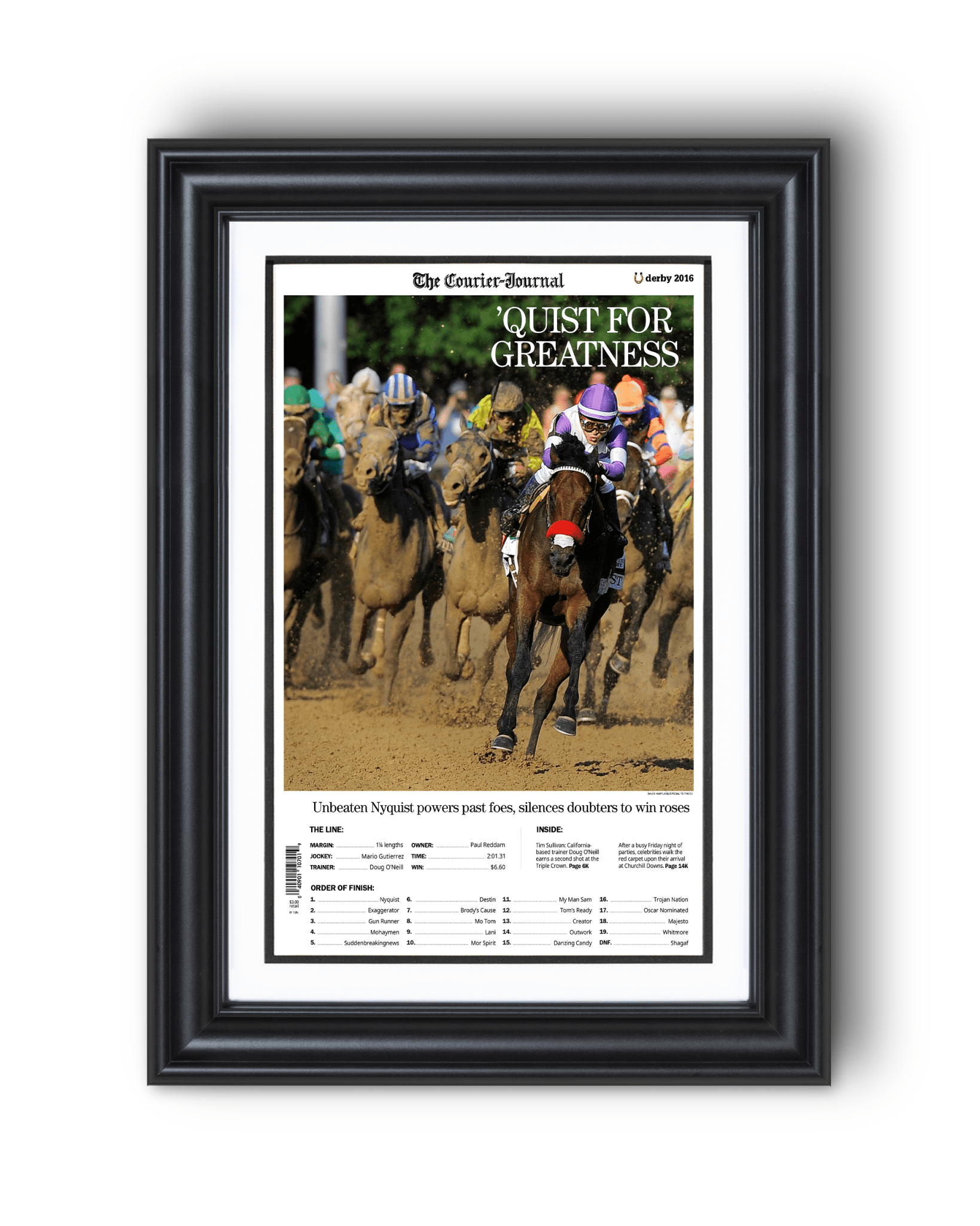 2016 Kentucky Derby “QUIST FOR GREATNESS” Nyquist Winner Framed Front Page Newspaper - TitleGameFrames.com